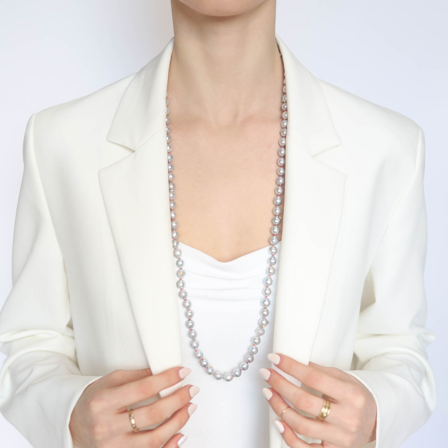 Hannah Blount: Custom | Akoya Pearl Ruthie B. Necklace with Barnacles | 14k Gold | Coral Silk | 35" × 1