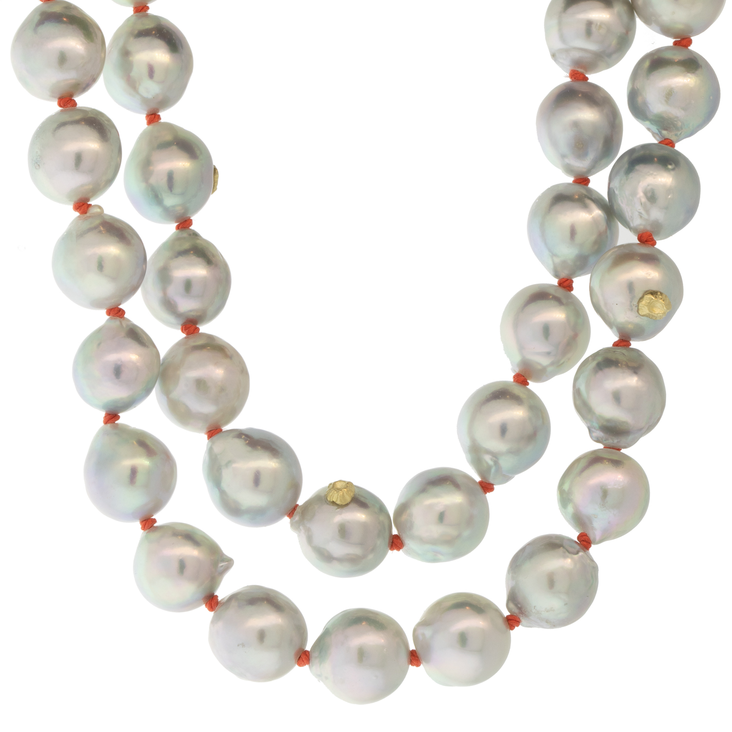 Hannah Blount: Custom | Akoya Pearl Ruthie B. Necklace with Barnacles | 14k Gold | Coral Silk | 35" × 1