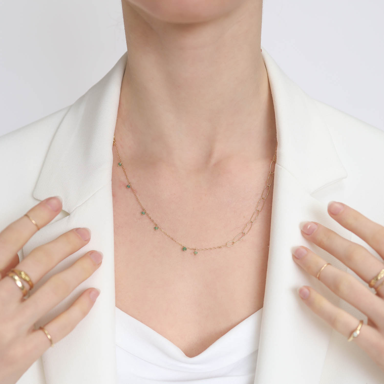 Sarah McGuire: Short Kitchen sink necklace,Gold Emerald 14k/18k Yellow gold,20"