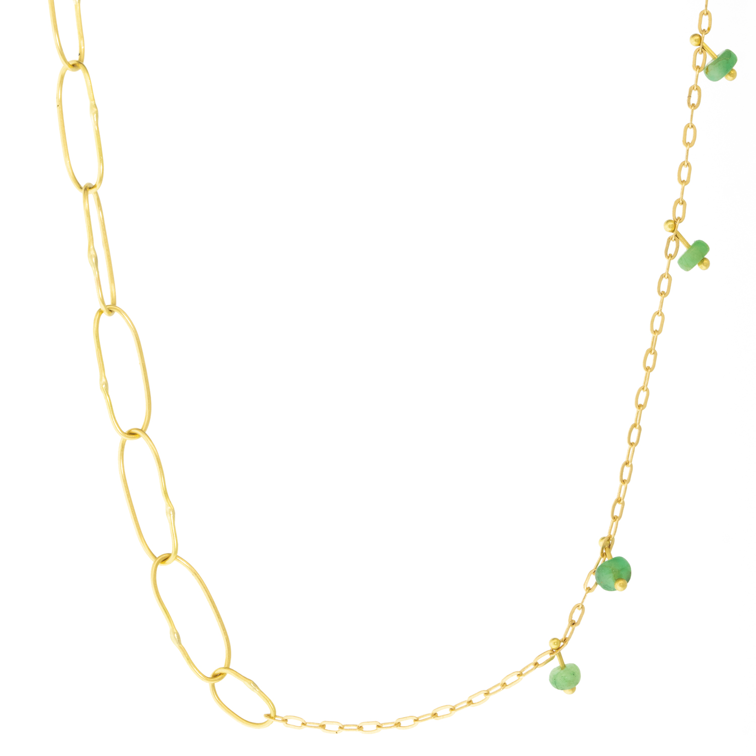 Sarah McGuire: Short Kitchen sink necklace,Gold Emerald 14k/18k Yellow gold,20"