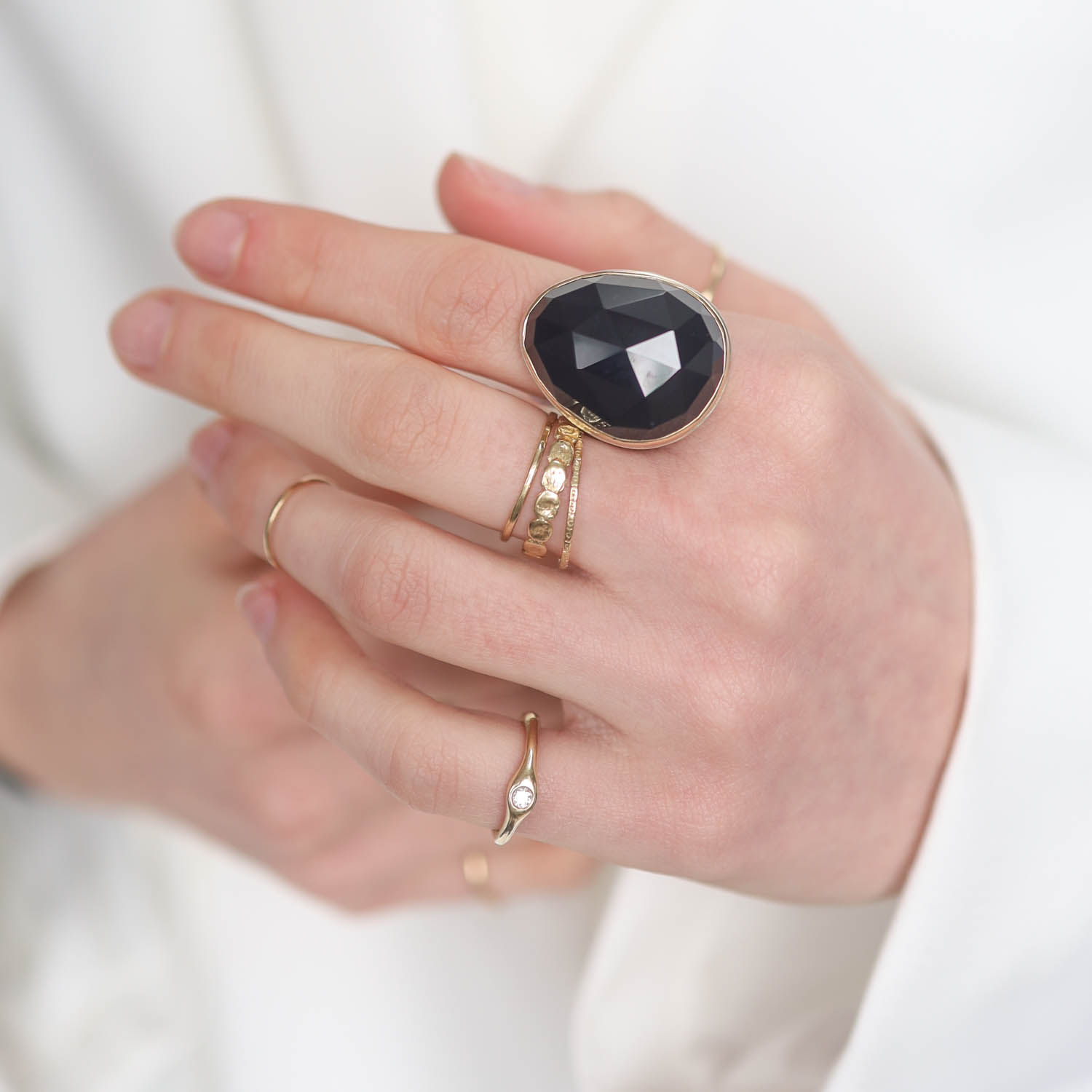 Jamie Joseph: BLACK ONYX Sterling & 14K Gold Ring w/ Vertical Asymmetrical Rose Cut on Groovy Band sz8