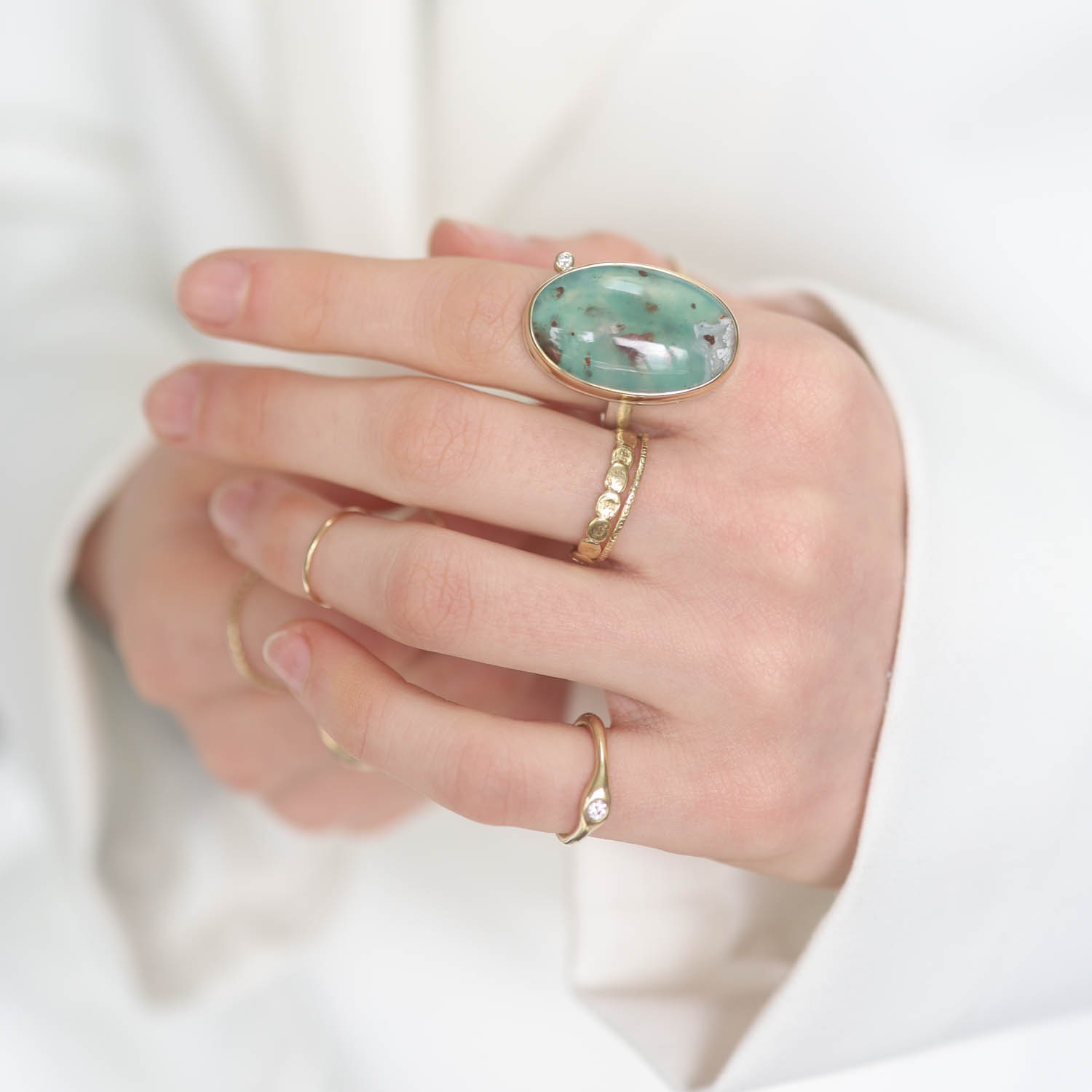 Jamie Joseph: AQUAPRASE Sterling & 14K Gold Ring & .03 ct Satellite Diamond on Soft Live Edge Band size 6.75 1 1/16 x 5/8"