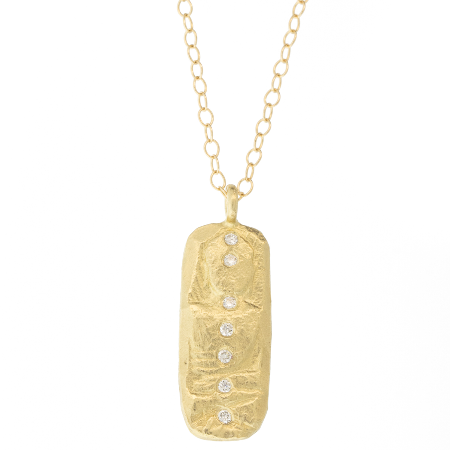 Victoria Cunningham: Necklace, 14k Diamond Chakra Buddha Tab, Pendant measures 7/8" x 5/16" including bail, Chain measures 16 1/2"