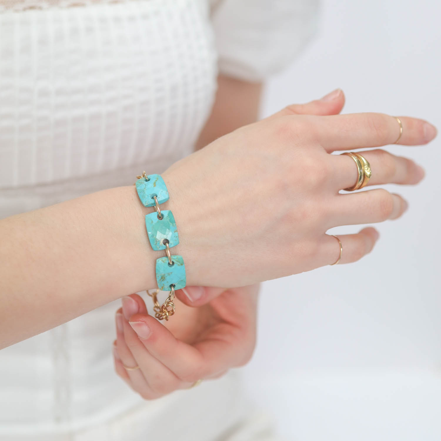 LuLu: Monroe Bracelet- Large, 14K Gold fill, Turquoise, measures 7", measures 9/16" at widest point