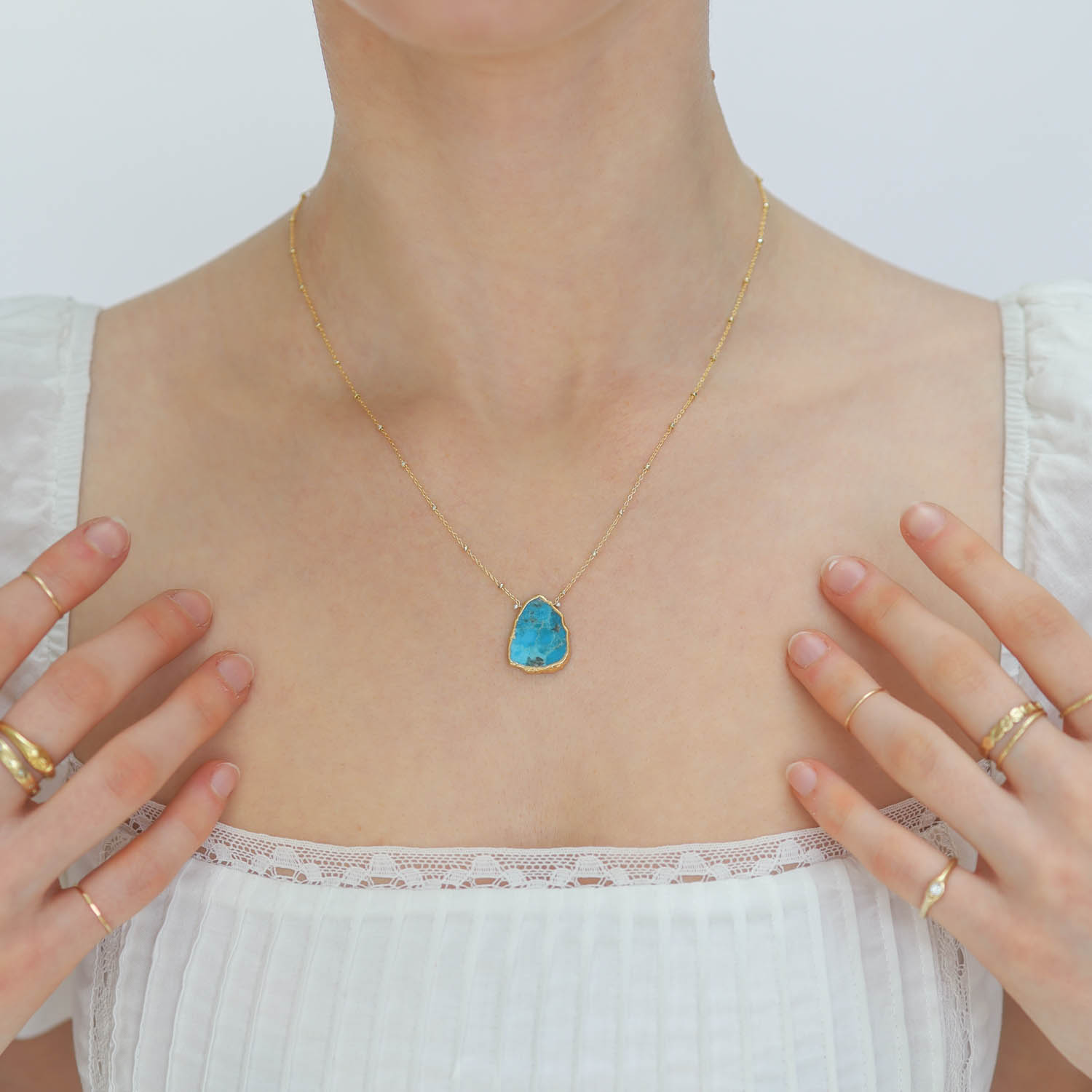 LuLu: Atlantis Turquoise Necklace, Gold Fill, Adjustable chain measures 16" and 18", Pendant measures 13/16" x 5/8"