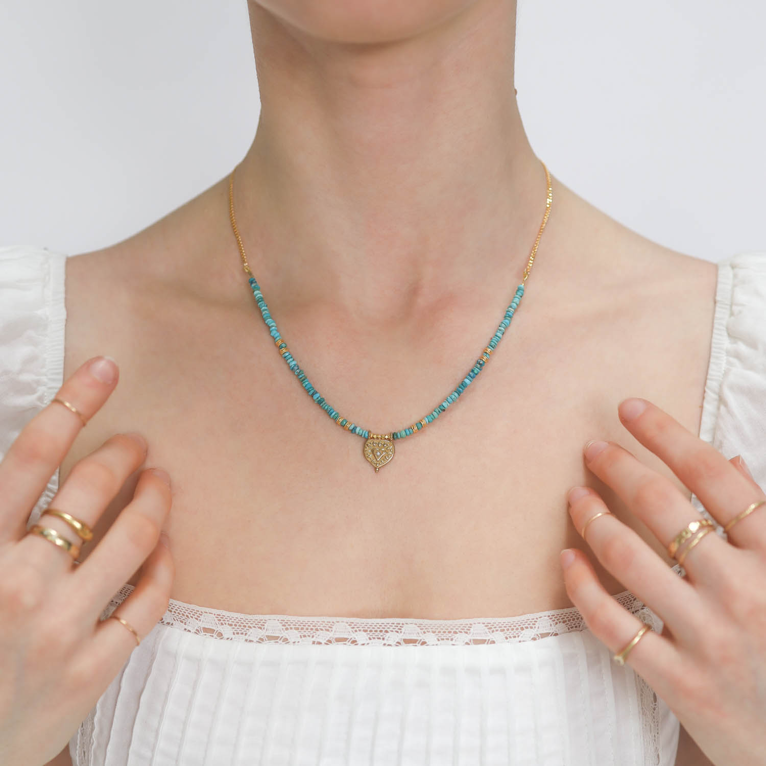 LuLu: Belle Necklace Turquoise, Adjustable chain measures 16" and 18", Pendant measures 5/8" x 7/16"
