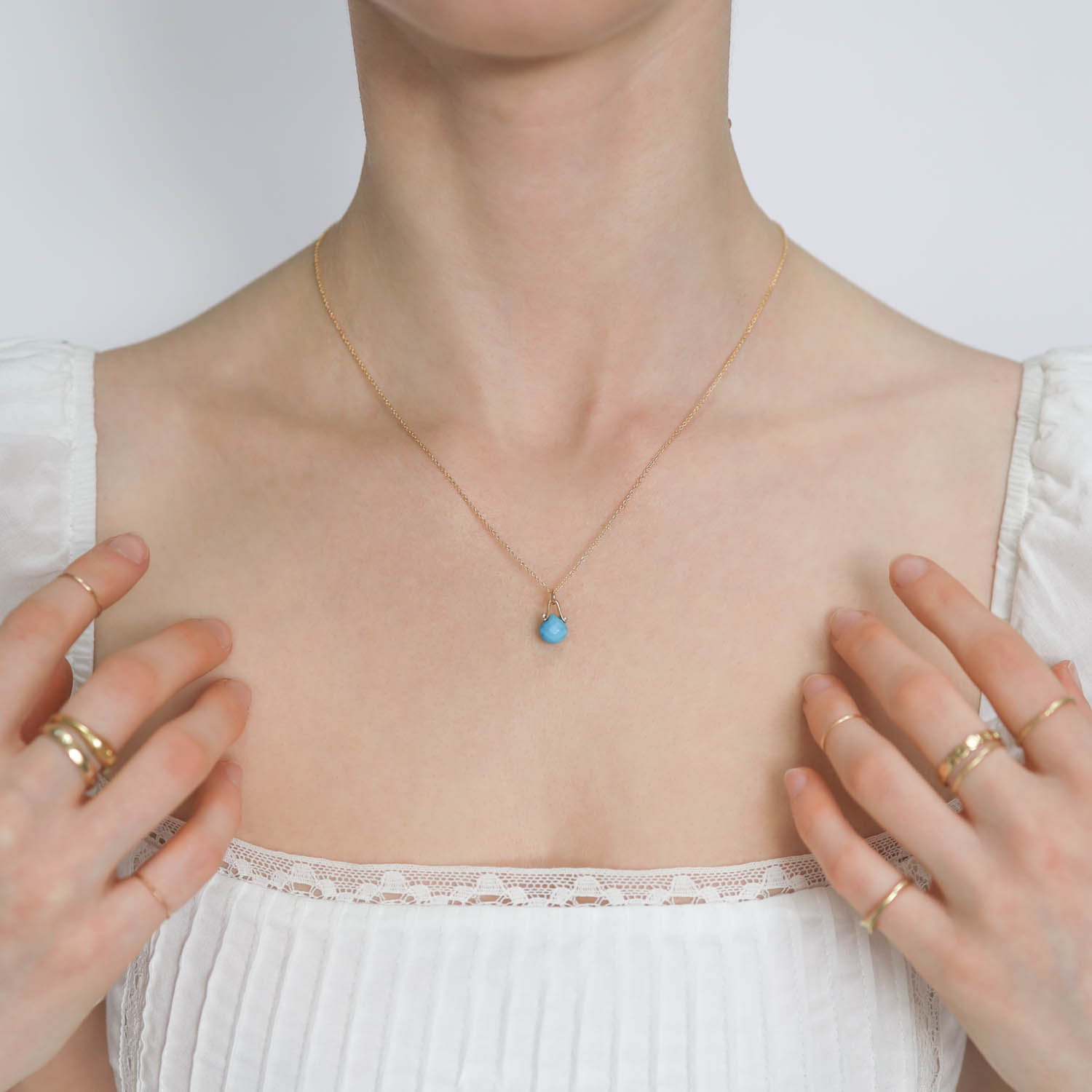 LuLu: Quincy Turquoise Necklace, Gold Fill, Adjustable chain measures 16" and 18", Pendant measures 9/16" x 6/16" including bail