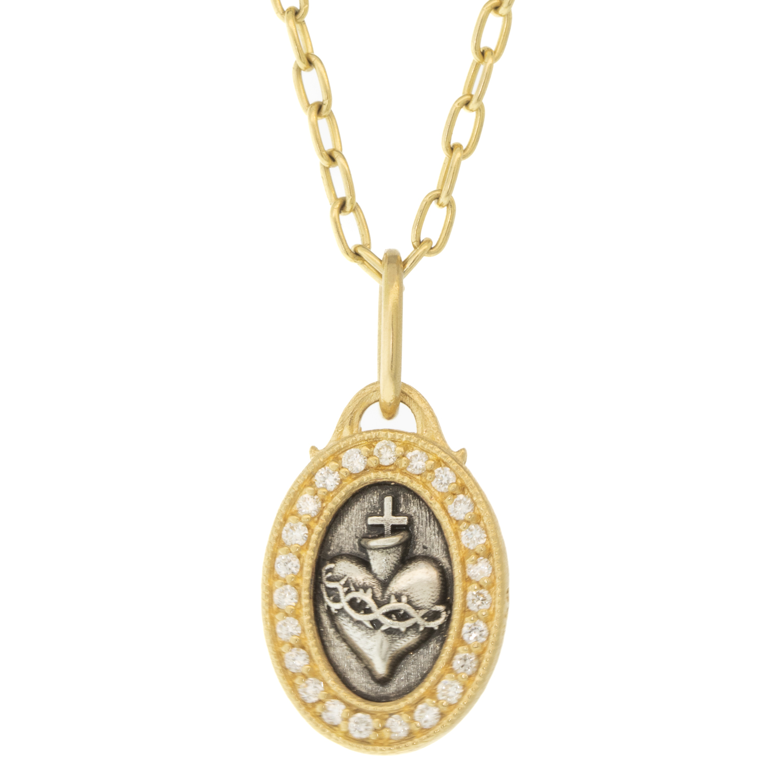 Erica Molinari Trunk Show: Charm, Small Oval Sacred Heart and Crosses, "Faith", Diamonds, .19 TCW, Sterling silver, 18K gold, Charm measures /" x /" , Chain sold separately