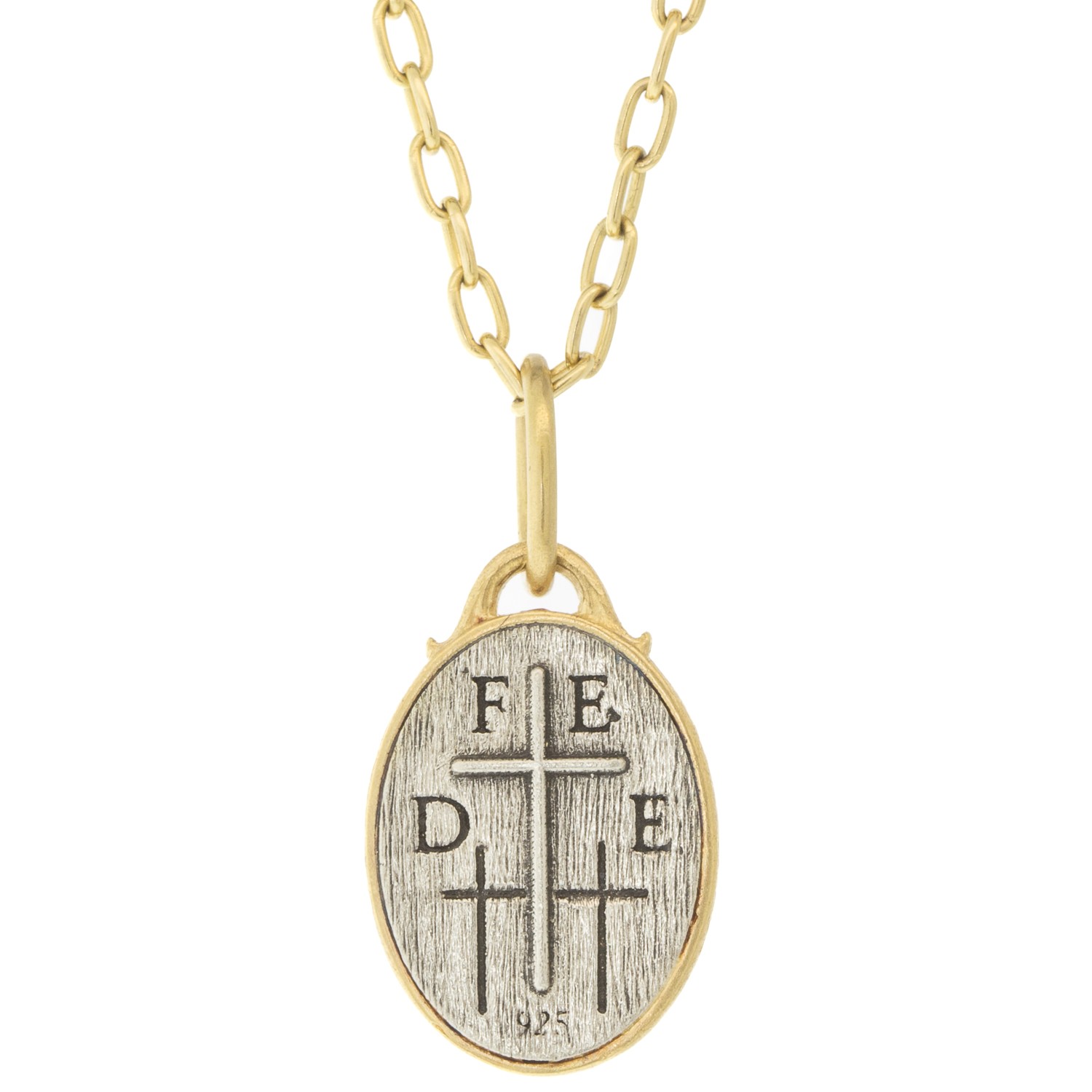 Erica Molinari Trunk Show: Charm, Small Oval Sacred Heart and Crosses, "Faith", Diamonds, .19 TCW, Sterling silver, 18K gold, Charm measures /" x /" , Chain sold separately