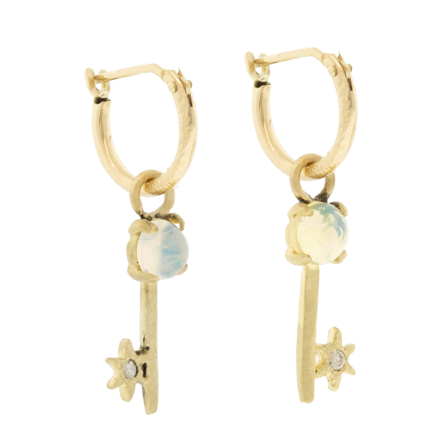 Acanthus: Opal Key Huggie Earrings, 14k yg