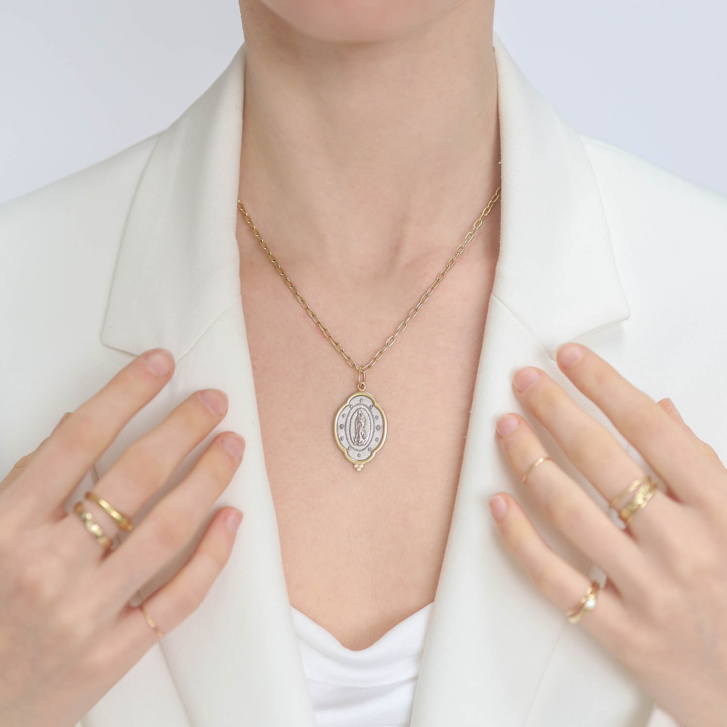Erica Molinari Trunk show: SS/18K Large ornate 'Our lady of Guadelupe'-Trust,.023cts