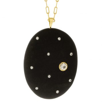 CVC Stones : One of a kind, Round Black Stone, Large Diamond .37tcw, Nine small .135ct diamonds, 30" 18kyg chain, Camilla