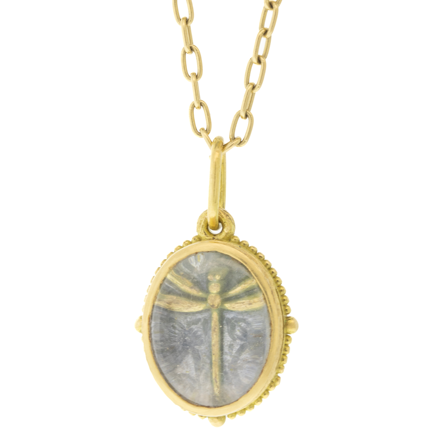 Erica Molinari Trunk Show:18k/FS Vitreous enamel Hand engraved Dragonfly set under white sapphire watch crystal - granule frame BLUE