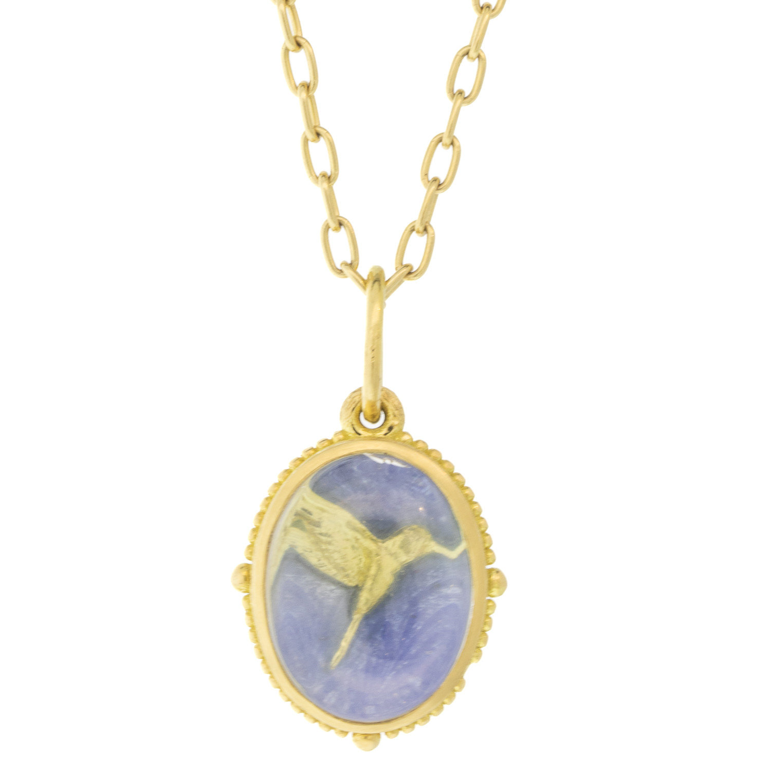 Erica Molinari: 18k/FS Hand engraved hummingbird, set under white sapphire crystal cab, granule frame, Blue, TRUNK SHOW