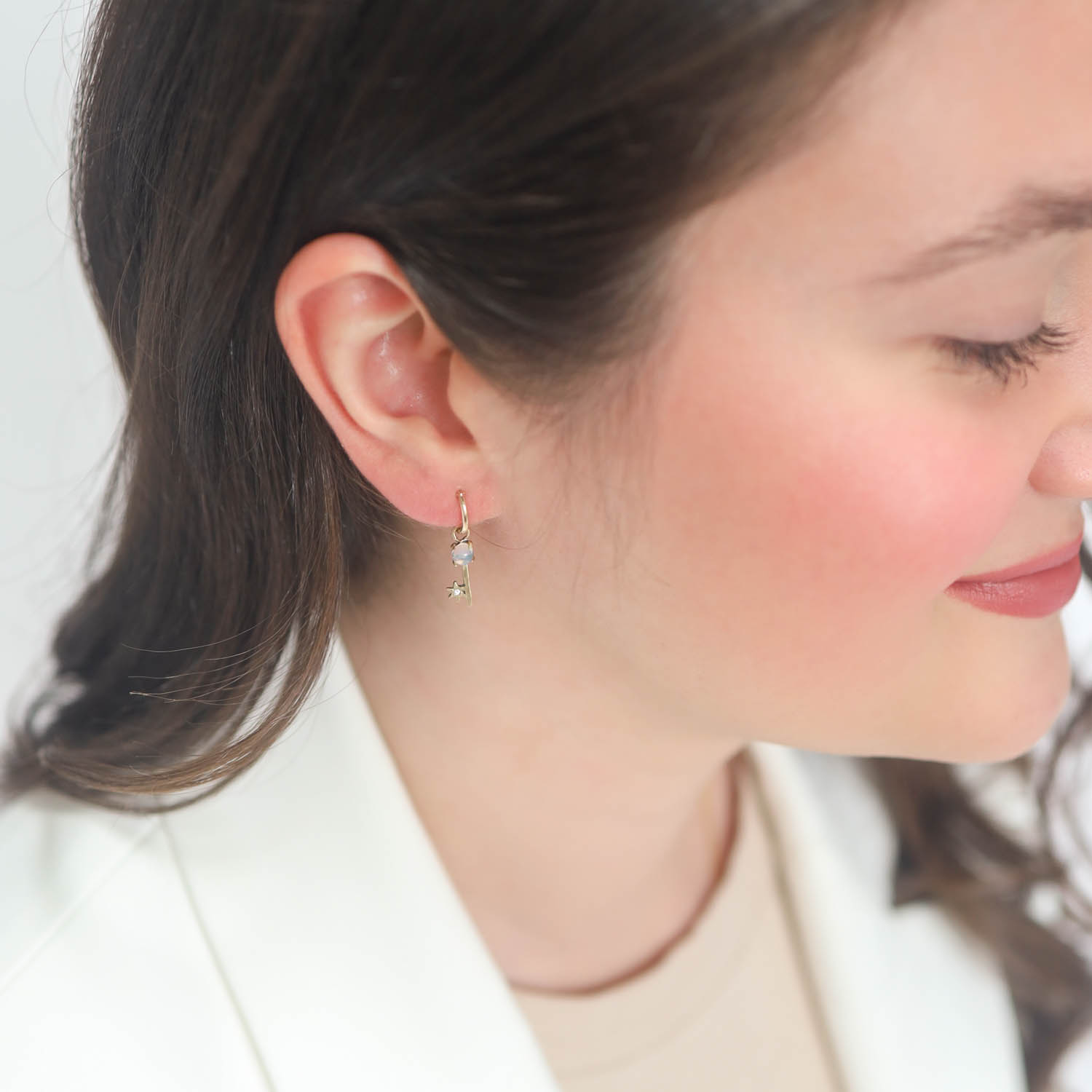 Acanthus: Opal Key Huggie Earrings, 14k yg