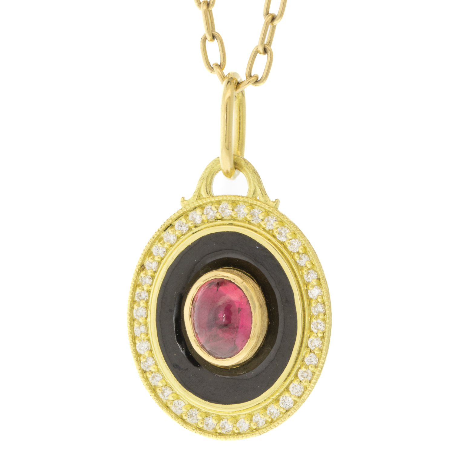 Erica Molinari Trunk Show: 18K Black Vitreous enamel Diamond & Ruby cab cross charm - .185cts & .5ct Ruby