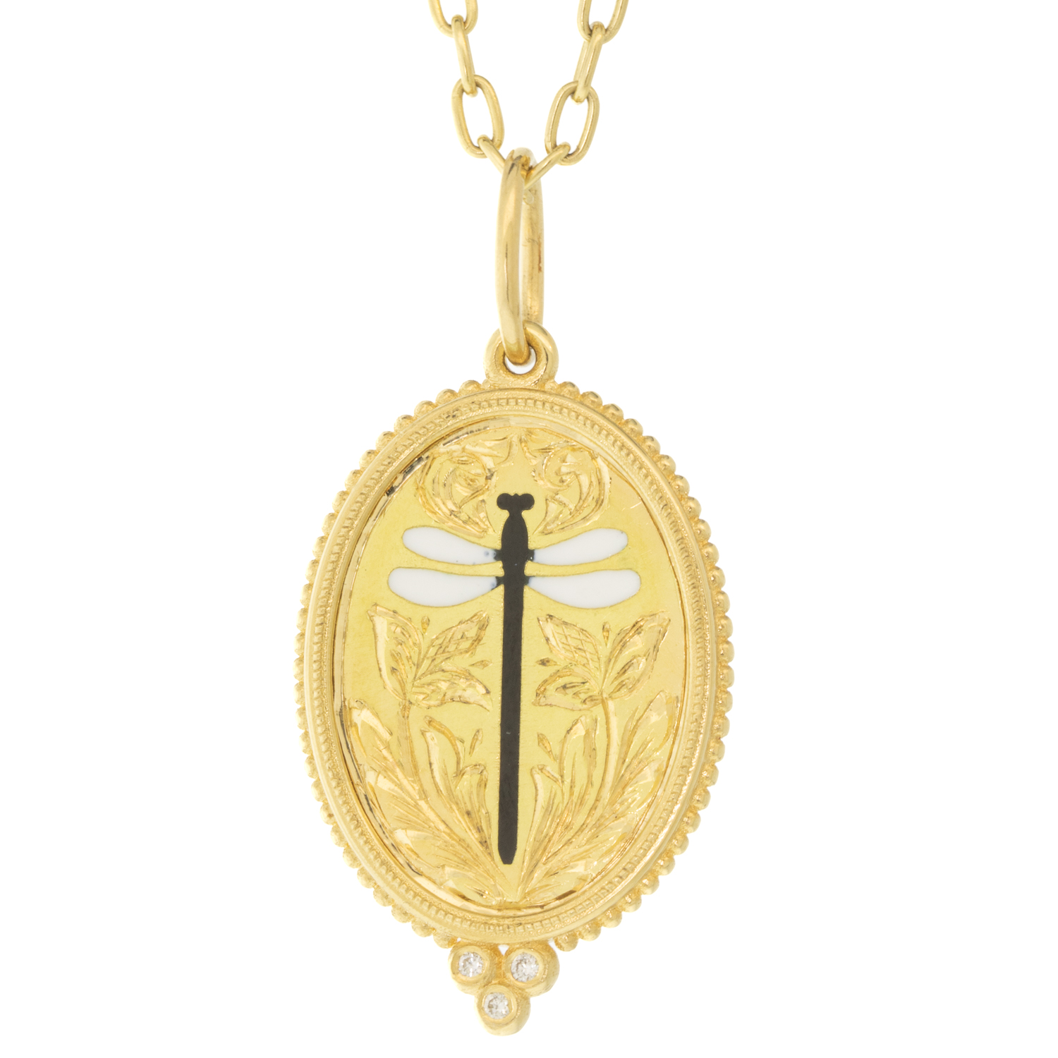 Erica Molinari: 18k , Medium hand engraved diamond dragonfly, .03ct, TRUNK SHOW