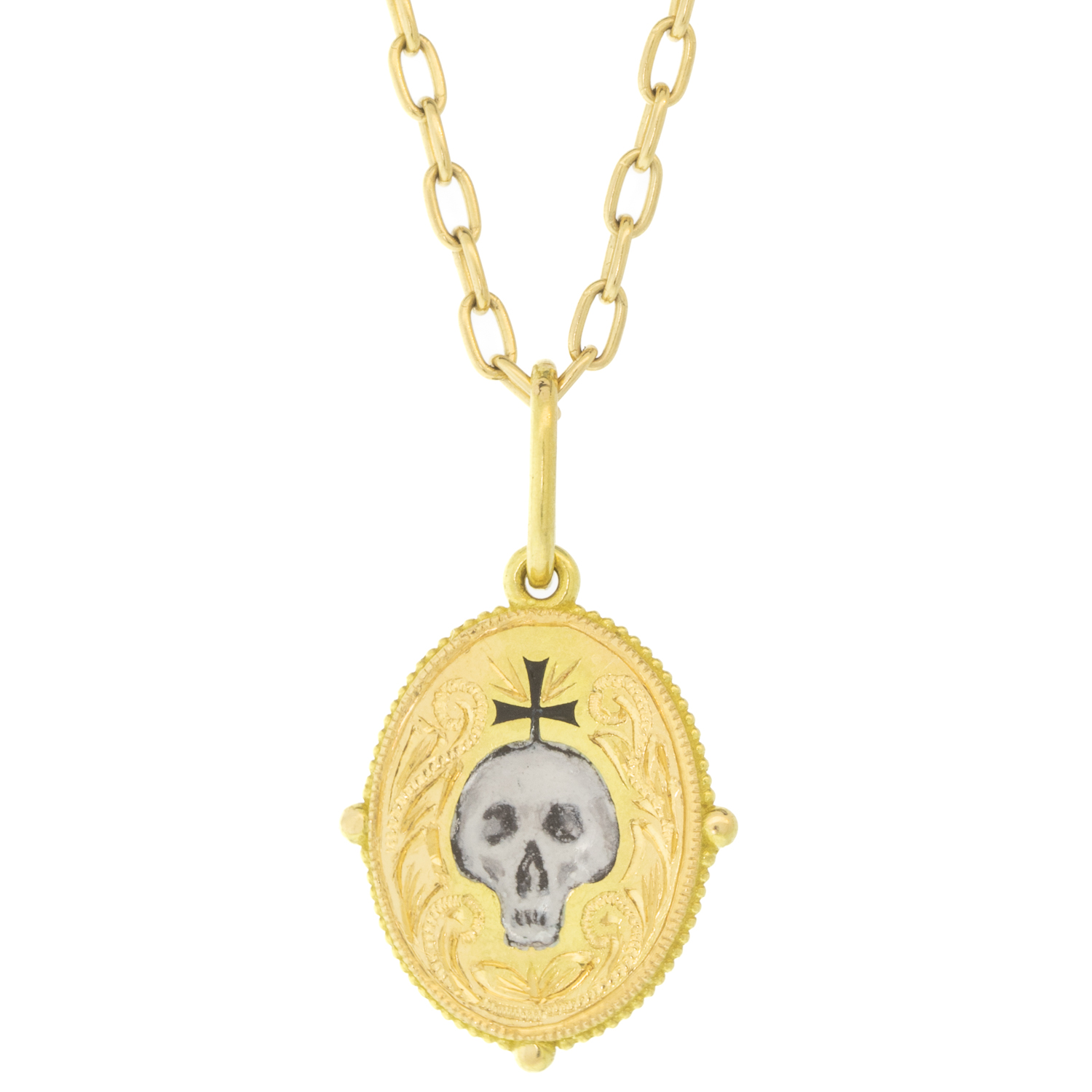Erica Molinari: 18k , small engraved hand painted enamel skull, red back TRUNK SHOW