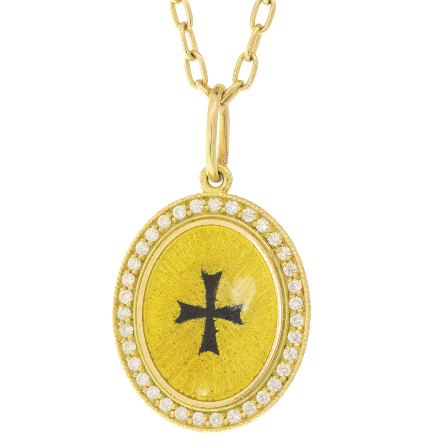 Erica Molinari: 18k , Diamond vitreous enamel cross, "Love Life" .26ct, Yellow, TRUNK SHOW