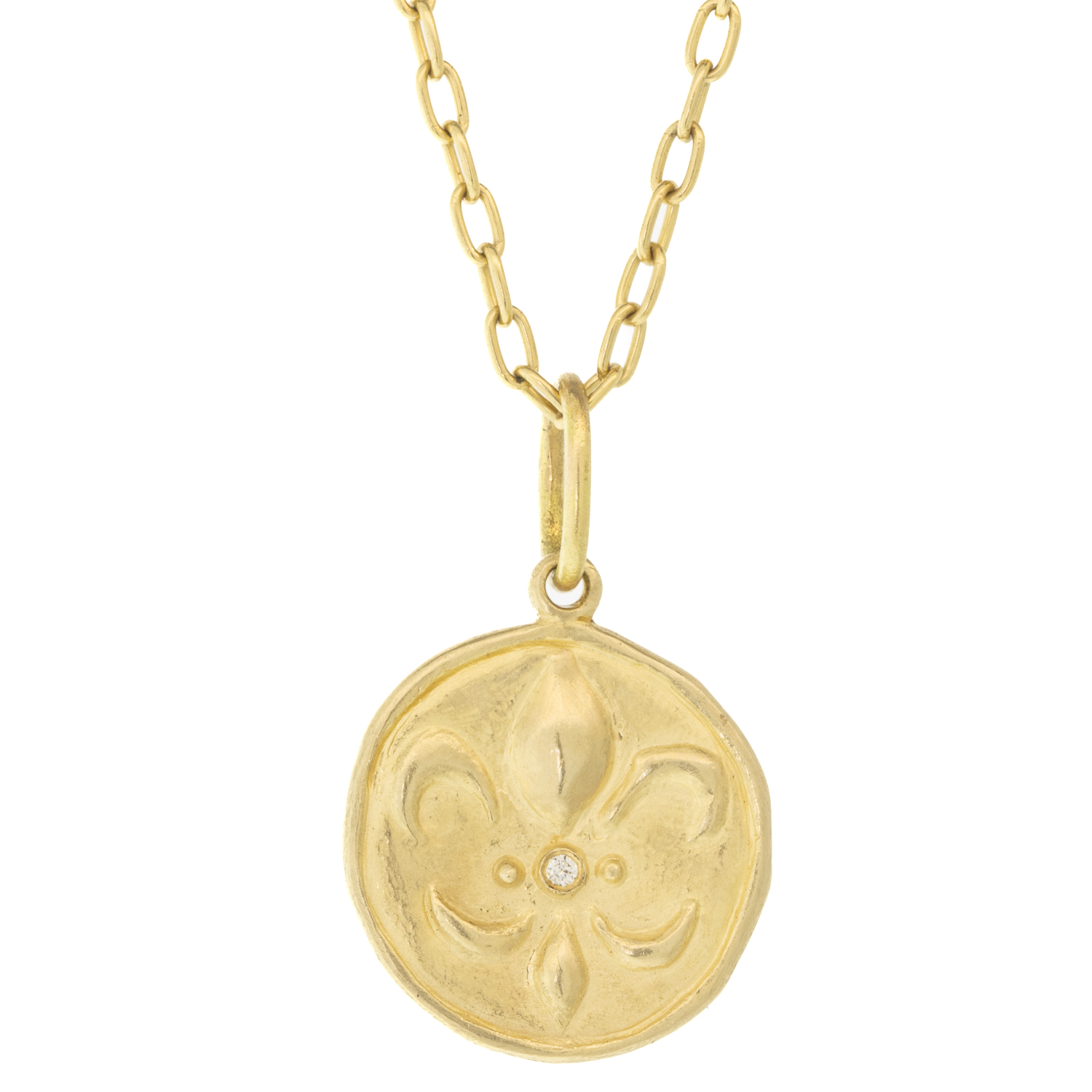 Erica Molinari TRUNK SHOW:14k Fleur di Lis and Key, "veni, vidi, vici"/ "I came, I saw, I conquered", diamonds .03 cts front and back