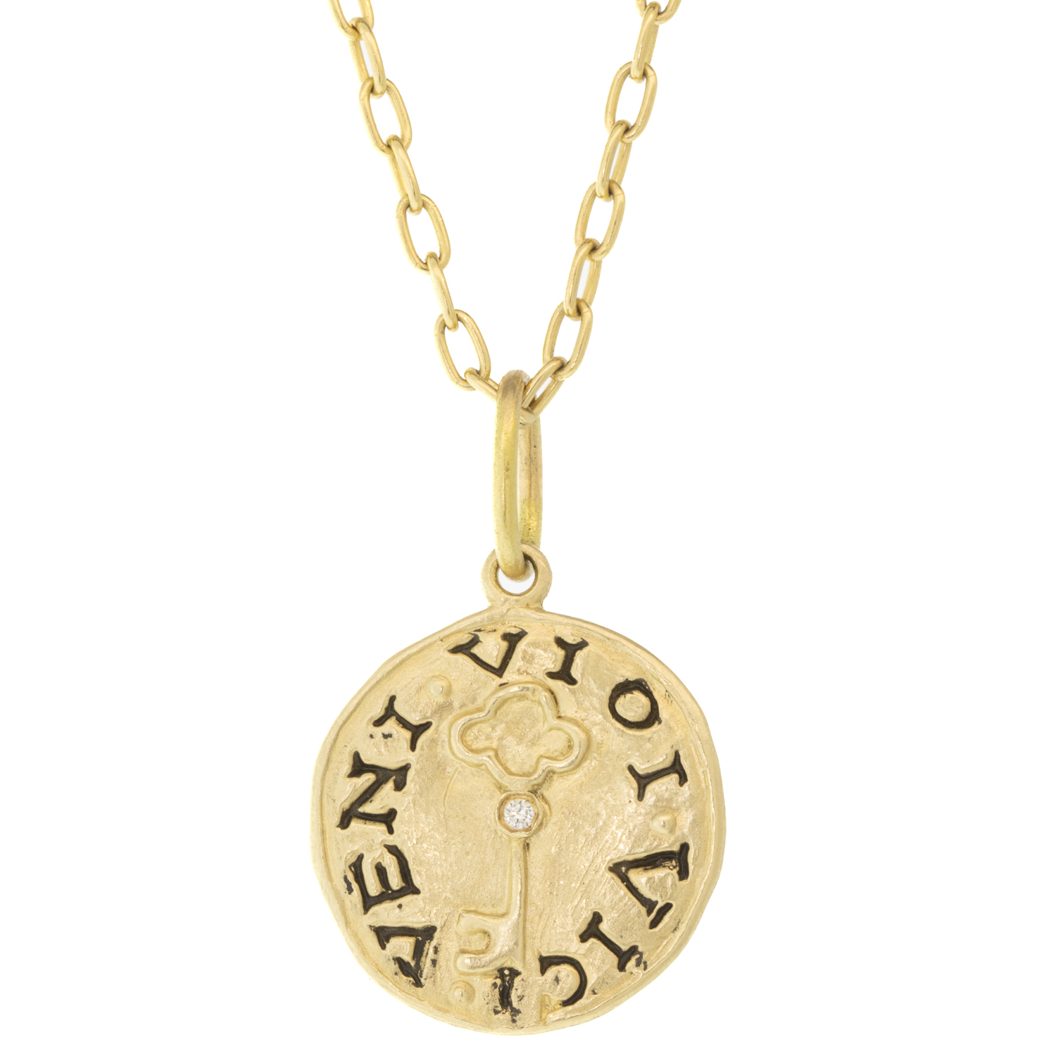 Erica Molinari TRUNK SHOW:14k Fleur di Lis and Key, "veni, vidi, vici"/ "I came, I saw, I conquered", diamonds .03 cts front and back
