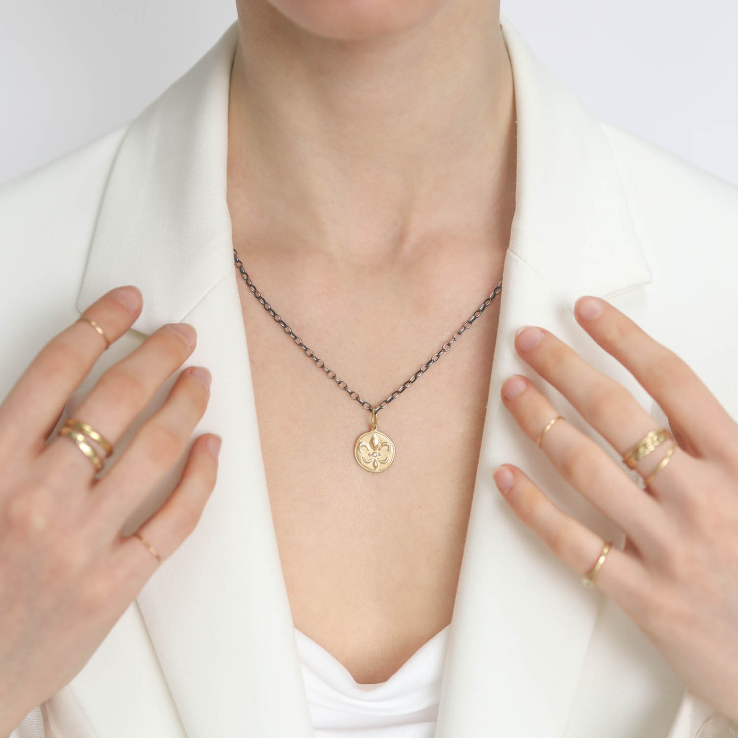 Erica Molinari TRUNK SHOW:14k Fleur di Lis and Key, "veni, vidi, vici"/ "I came, I saw, I conquered", diamonds .03 cts front and back