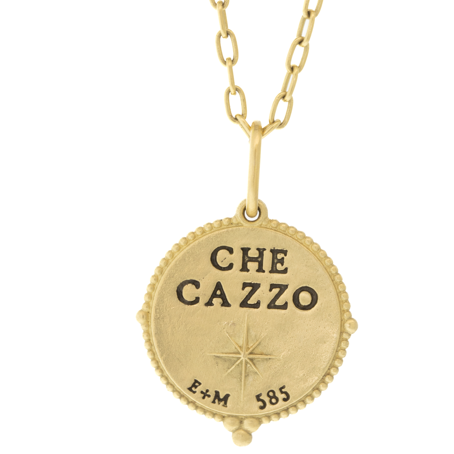 Erica Molinari: Charm,14k LARGE Round North Star ,0.01ct diamond center-"WTF", measures 1 1/16" x 11/16" including bail