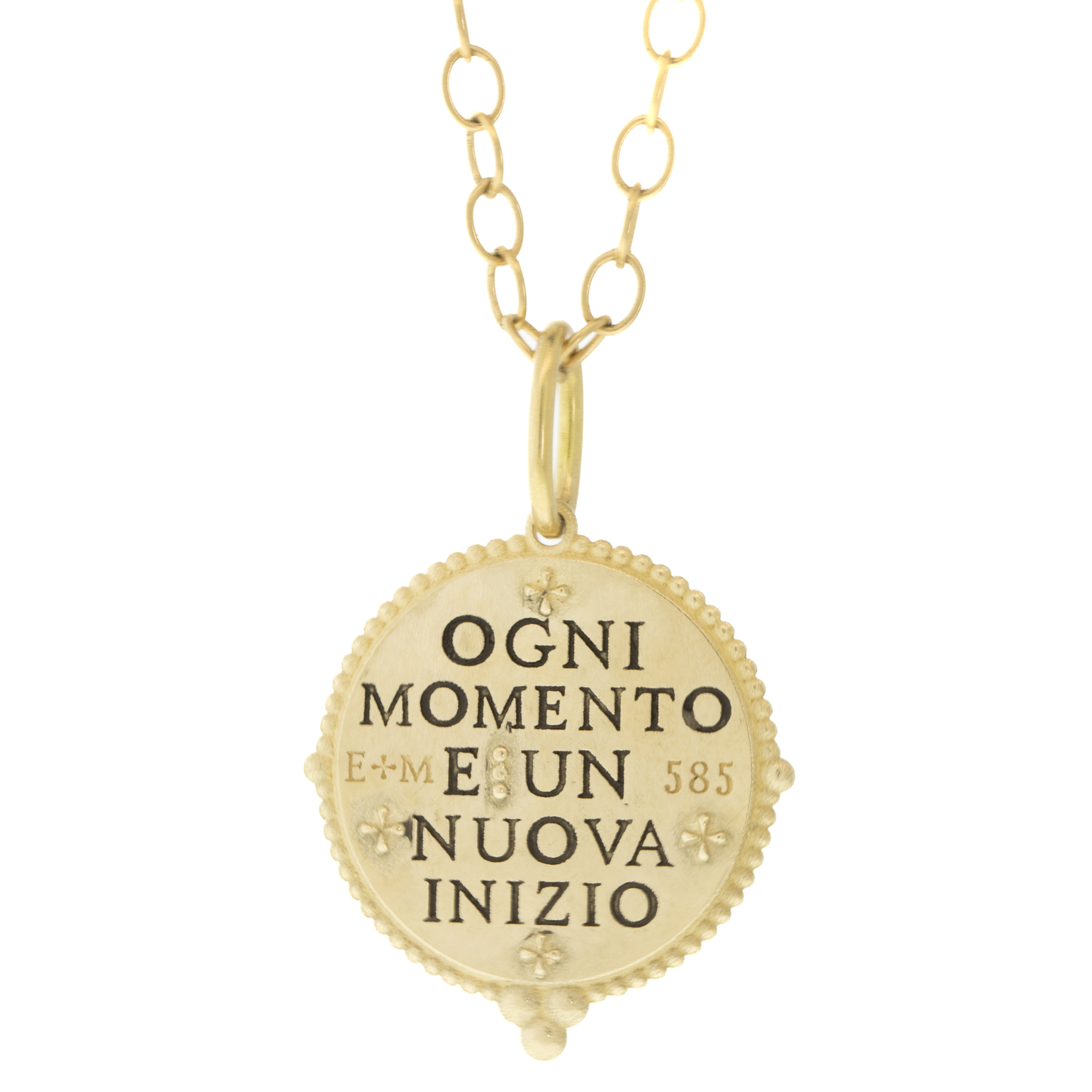 Erica Molinari Trunk show : 14k Large round Pave center & triple granule diamond sun-Every moment is a new beginning,T.S.Eliot