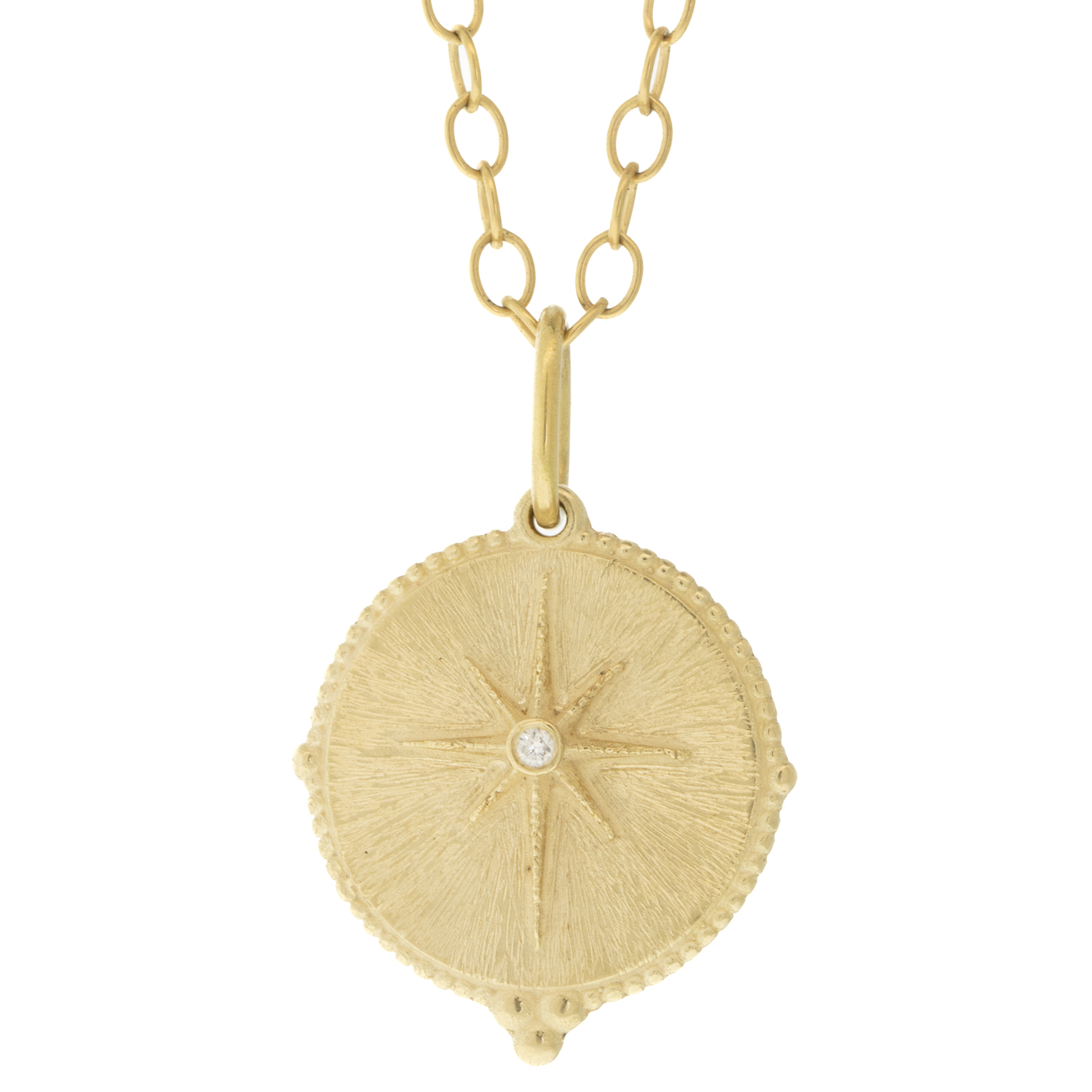 Erica Molinari: Charm,14k LARGE Round North Star ,0.01ct diamond center-"WTF", measures 1 1/16" x 11/16" including bail