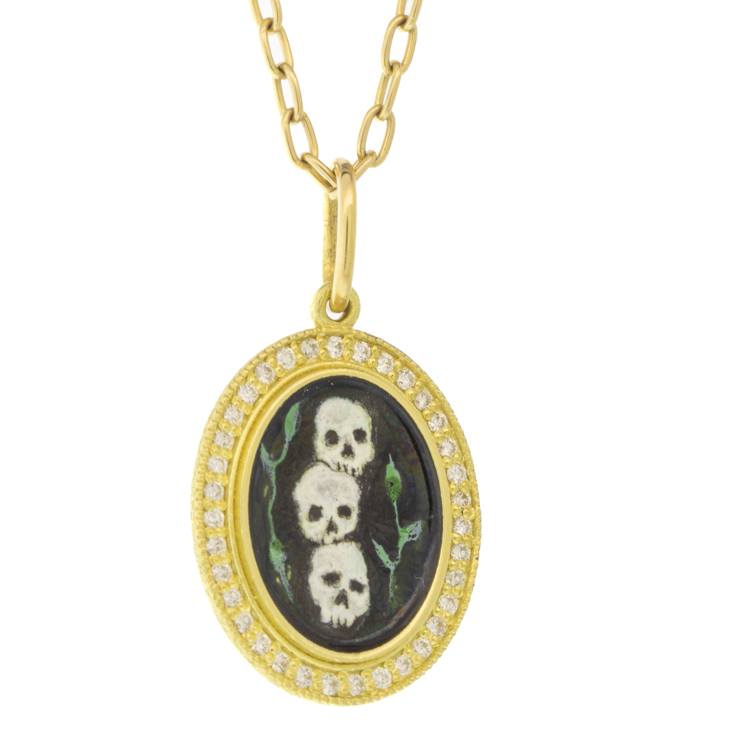 Erica Molinari: 18k diamond frame, hand painted vitreous enamel, triple skull, .27ct, TRUNK SHOW