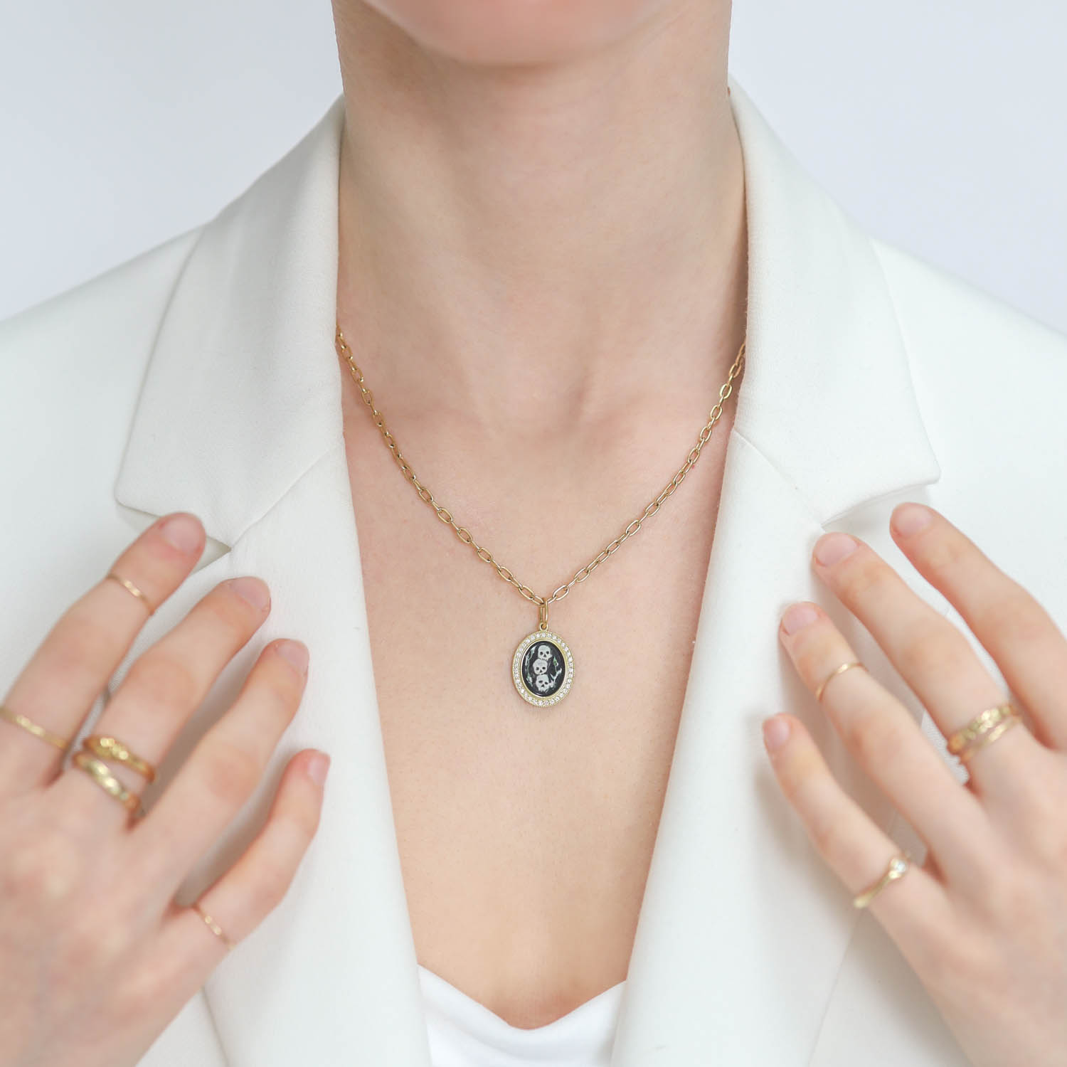 Erica Molinari: 18k diamond frame, hand painted vitreous enamel, triple skull, .27ct, TRUNK SHOW