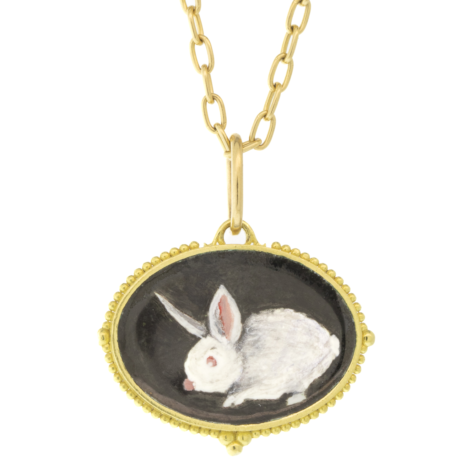 Erica Molinari: 18k , hand painted vitreous enamel, medium bunny, TRUNK SHOW
