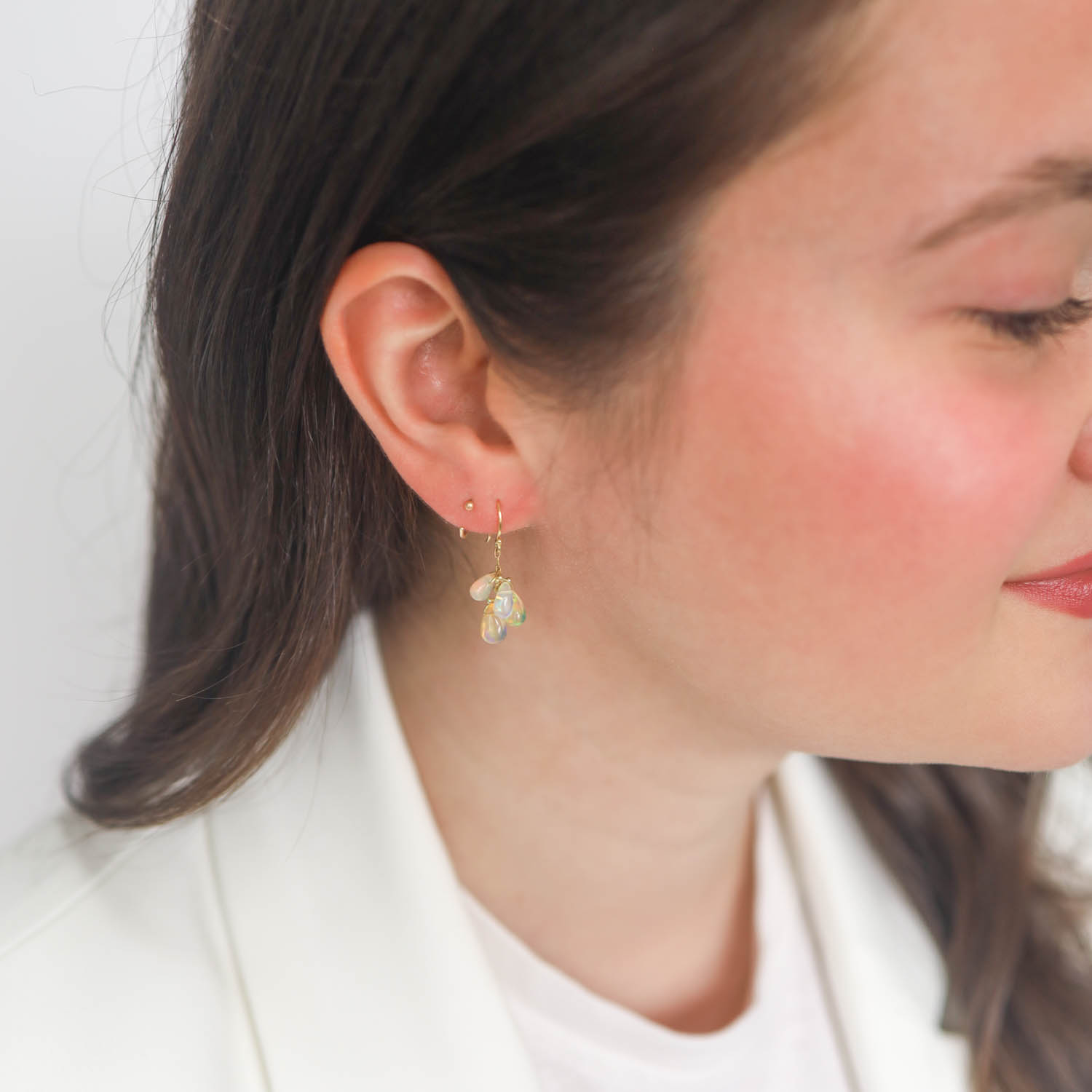 Ten Thousand Things: Earrings, Ethiopian Opal Cluster, 18k, measure 1 1/8" x 7/16" including earwire