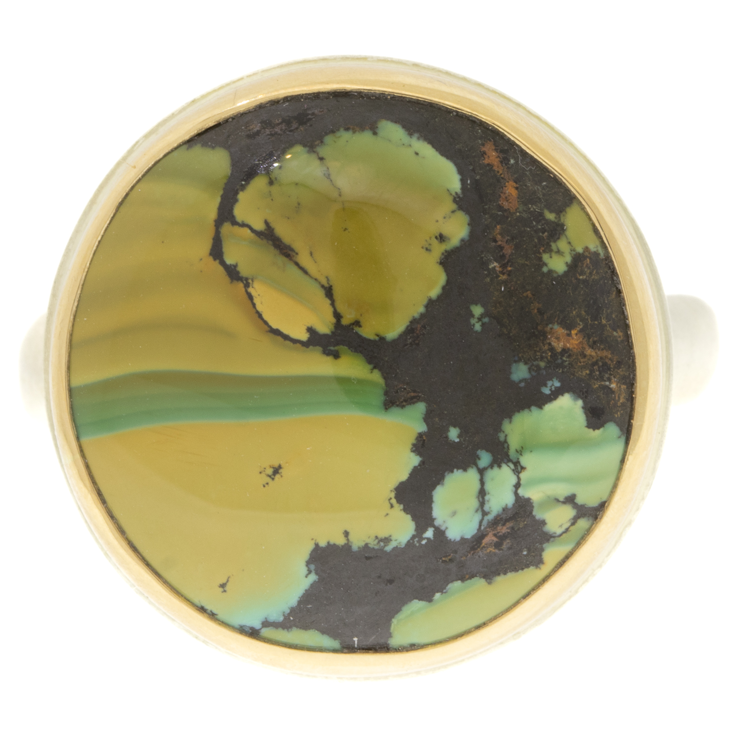 Jamie Joseph: HUBEI TURQUOISE SS & 14k gold ring with small round on Middle Groovy Band, sz 7 1/2, 11/16" in diameter