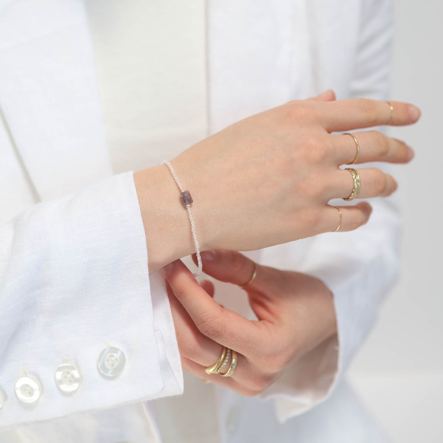 Margaret Solow: Bracelet, Rainbow moonstone & Iolite ,Silver clasp