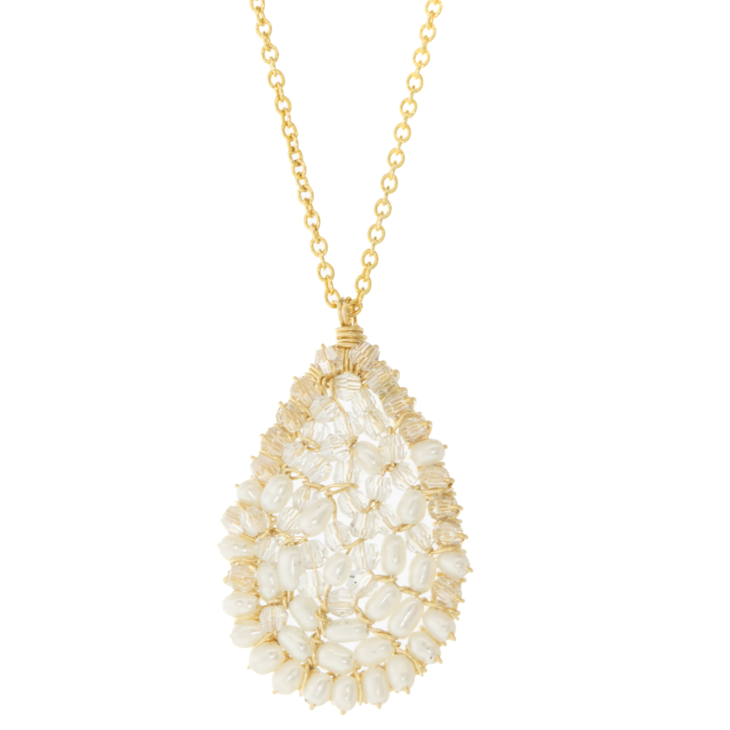 Dana Kellin: Necklace,14K Gold filled ,teardrop shaped Clear crystal pendant,PEARL RIM, Pendant measures 1" x 5/8" including bail, 18"