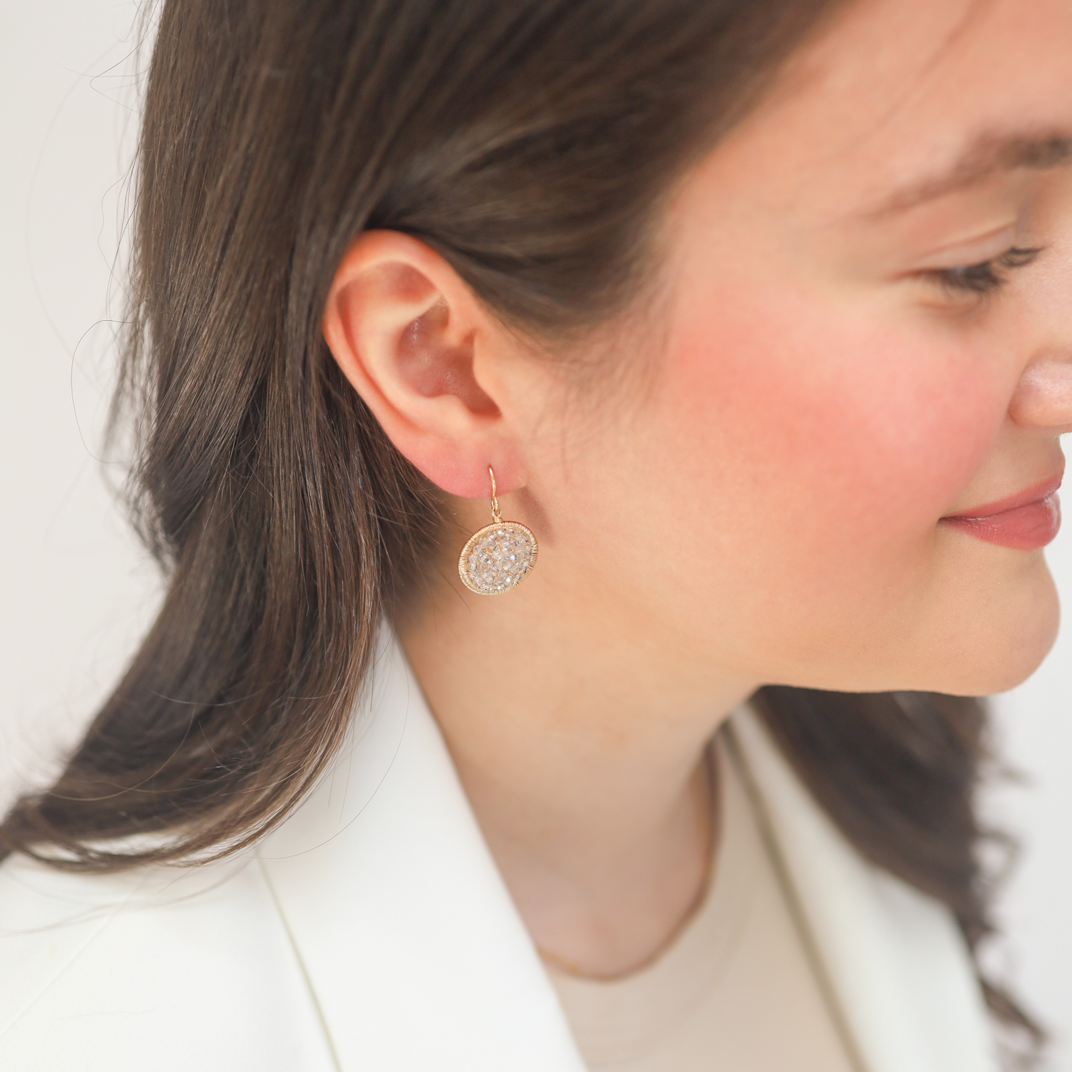 Dana Kellin: Earrings,14K Gold fill,Round ,Clear crystal dangles, 1 3/16"x 5/8" including earwire