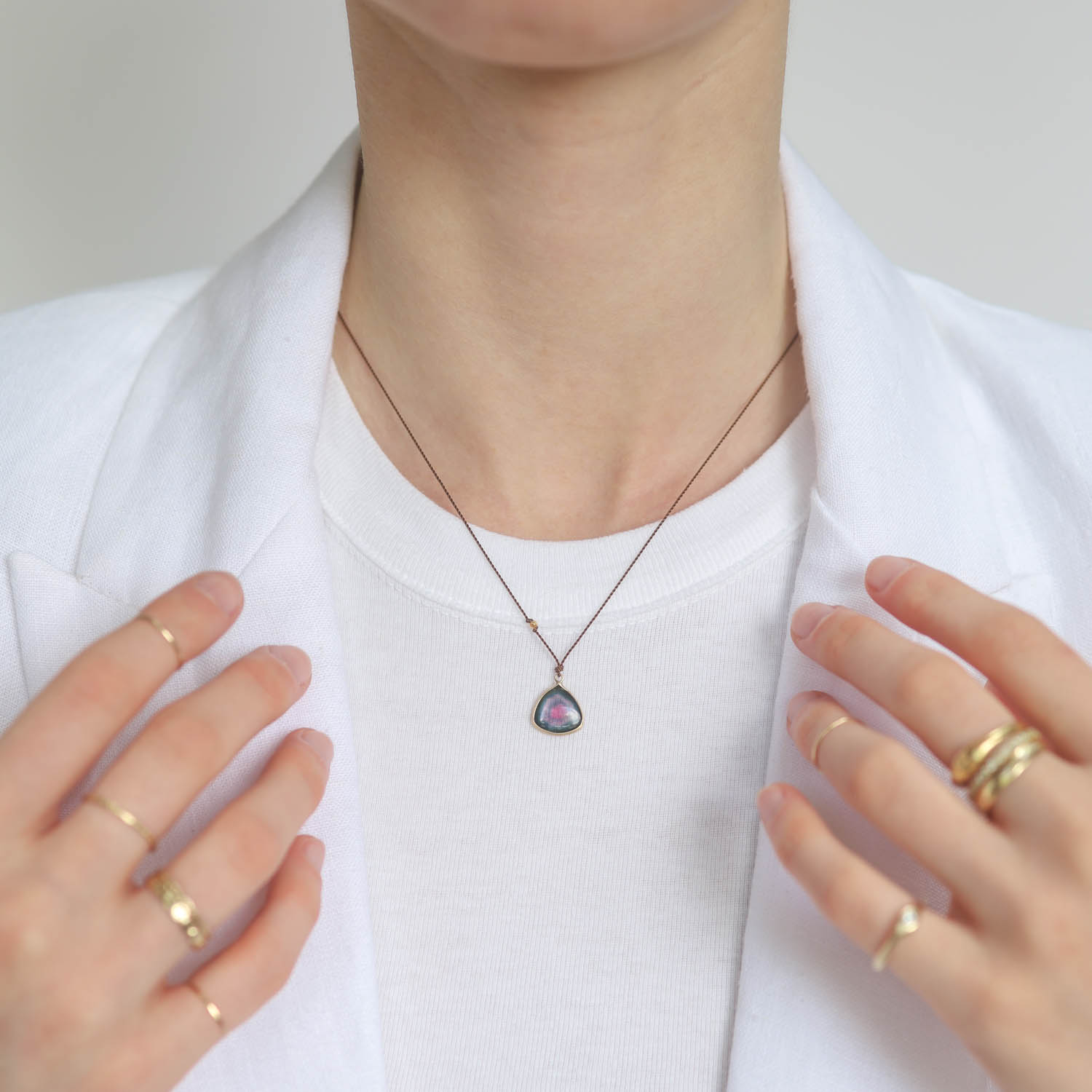 Margaret Solow: 14K Watermelon tourmaline Cabochon necklace