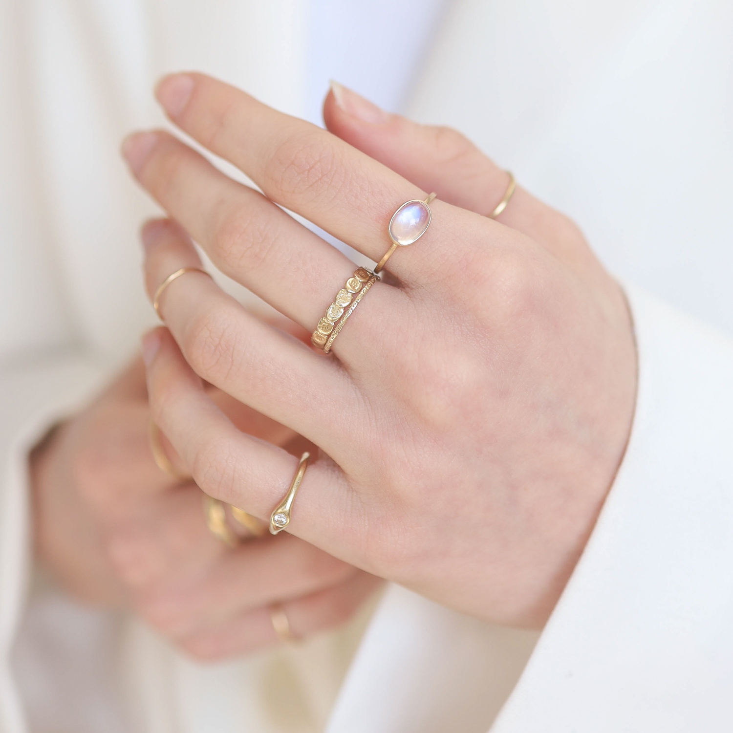 Margaret Solow: Ring,14 kt Rainbow moonstone, size 6, stone measures 1/4" x 3/8"