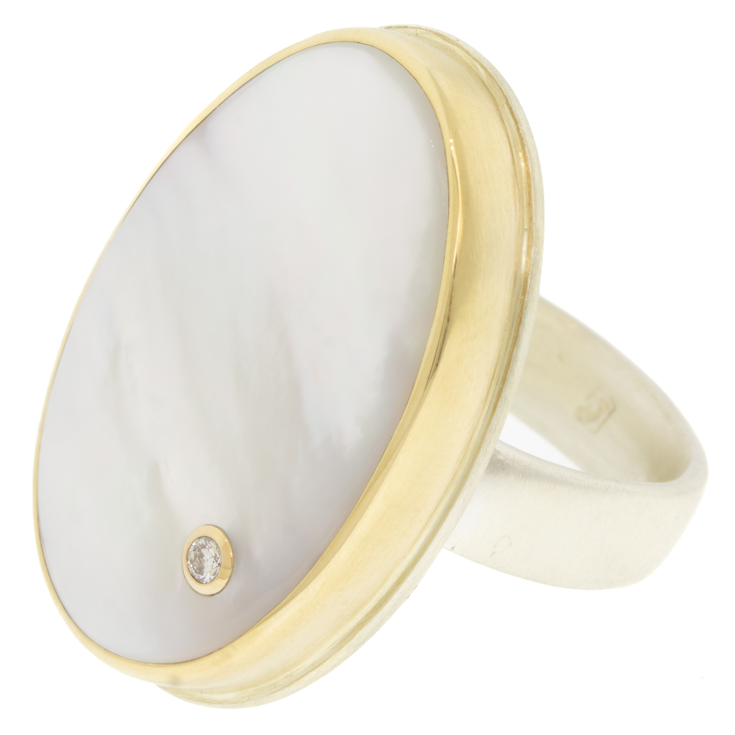 Jamie Joseph: MOTHER OF PEARL Sterling & 14K Gold Ring w/ Vertical Oval & .03 ct. Diamond onComfort Band size 8 1 1/16" x 11/16"