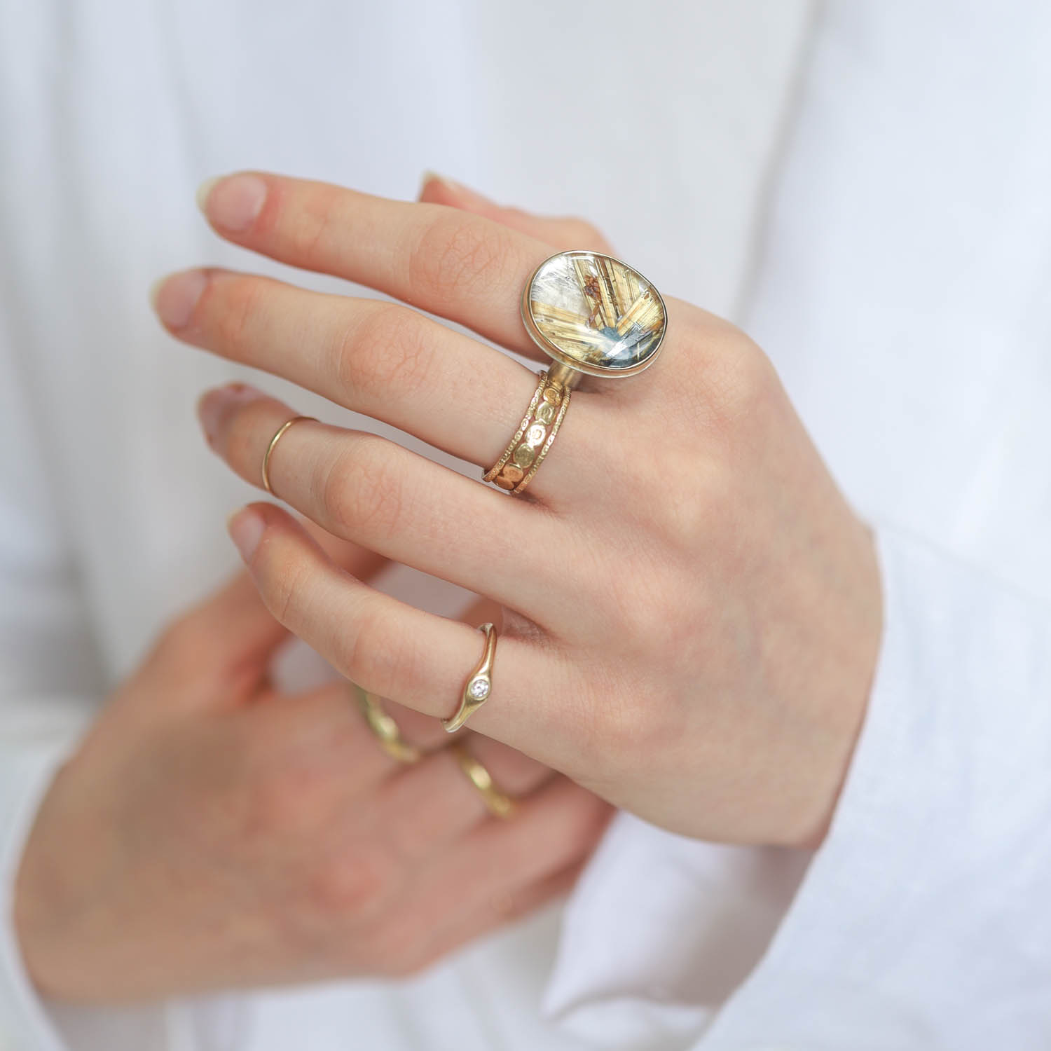 Jamie Joseph: STAR RUTILATED QUARTZ Sterling & 14K Gold Ring w/ Vertical Oval on ComfortBand size 7 3/4 13/16" x 5/8"