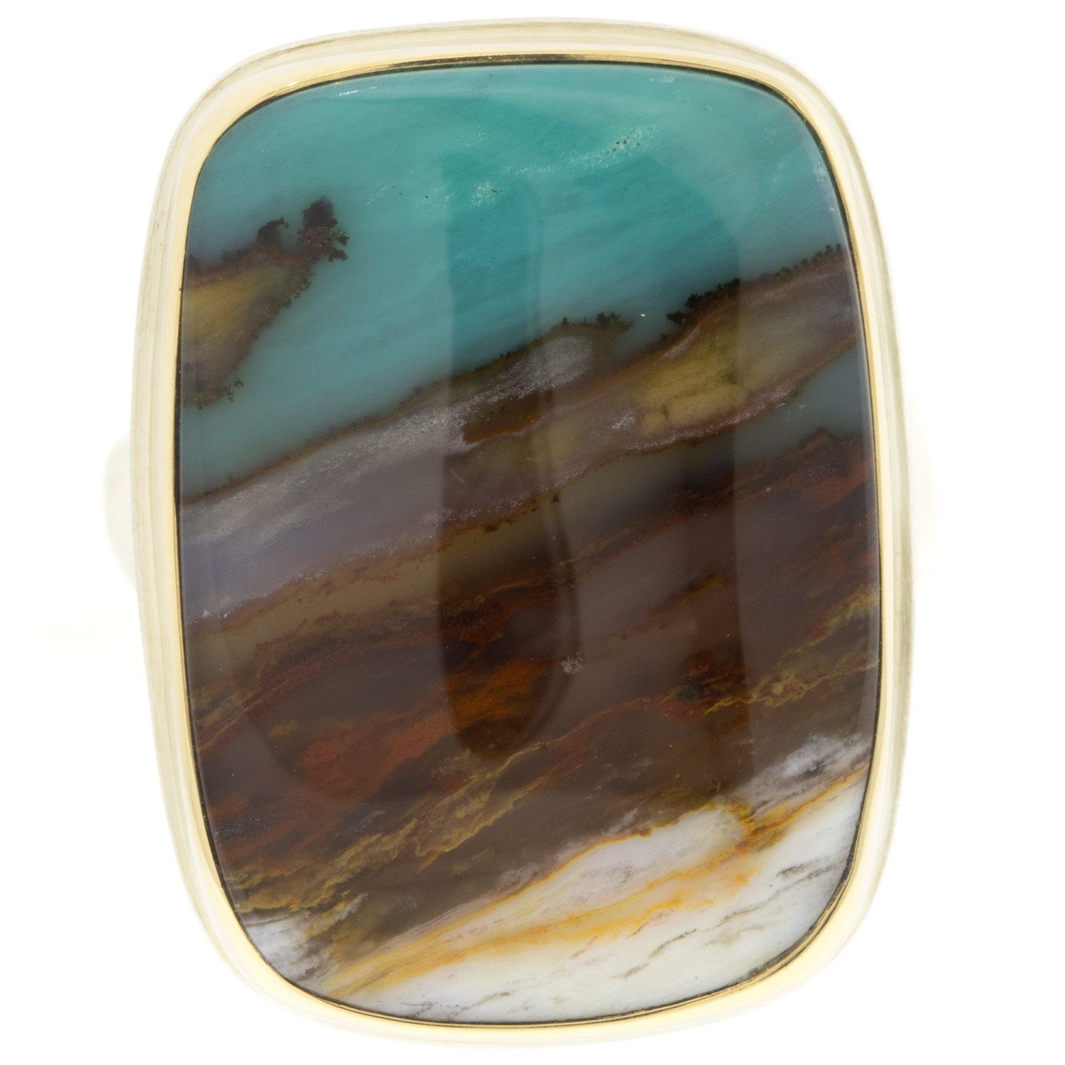 Jamie Joseph: BLUE INDONESIANFOSSILIZED OPALIZED WOOD Sterling & 14K Gold Ring w/ VerticalRectangular onGroovy Band size 7 3/4 15/16" x 11/16"