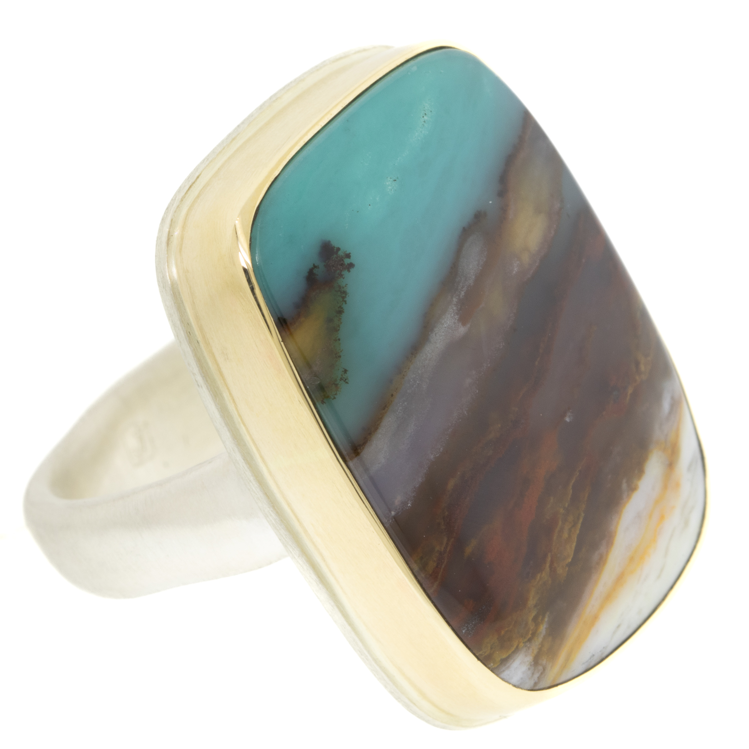 Jamie Joseph: BLUE INDONESIANFOSSILIZED OPALIZED WOOD Sterling & 14K Gold Ring w/ VerticalRectangular onGroovy Band size 7 3/4 15/16" x 11/16"