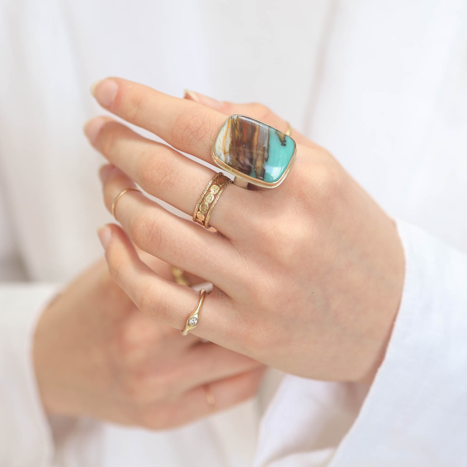 Jamie Joseph: BLUE INDONESIANFOSSILIZED OPALIZED WOOD Sterling & 14K Gold Ring w/ VerticalRectangular onGroovy Band size 7 3/4 15/16" x 11/16"