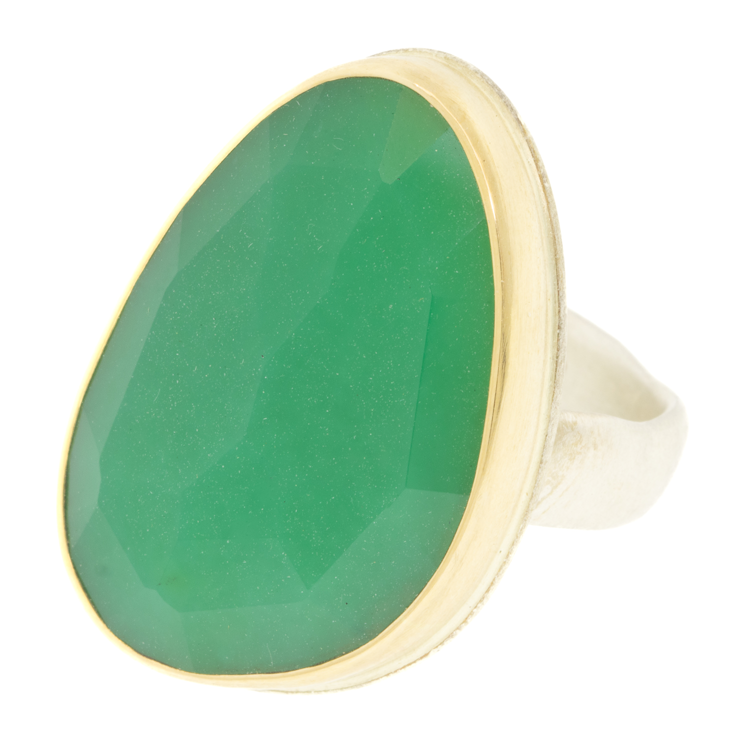 Jamie Joseph: CHRYSOPRASE Sterling & 14K Gold Ring w/ Large Vertical Asymmetrical Faceted on Groovy Band 1 1/16" x 11/16"size 7 3/4