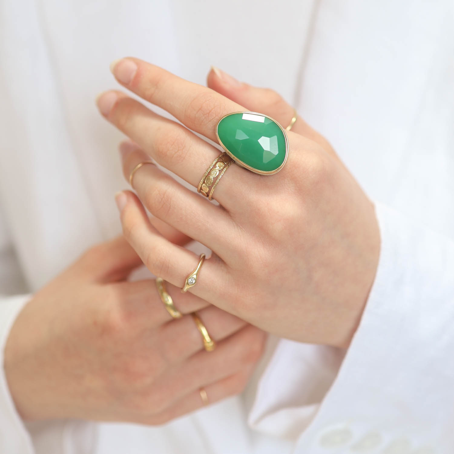 Jamie Joseph: CHRYSOPRASE Sterling & 14K Gold Ring w/ Large Vertical Asymmetrical Faceted on Groovy Band 1 1/16" x 11/16"size 7 3/4