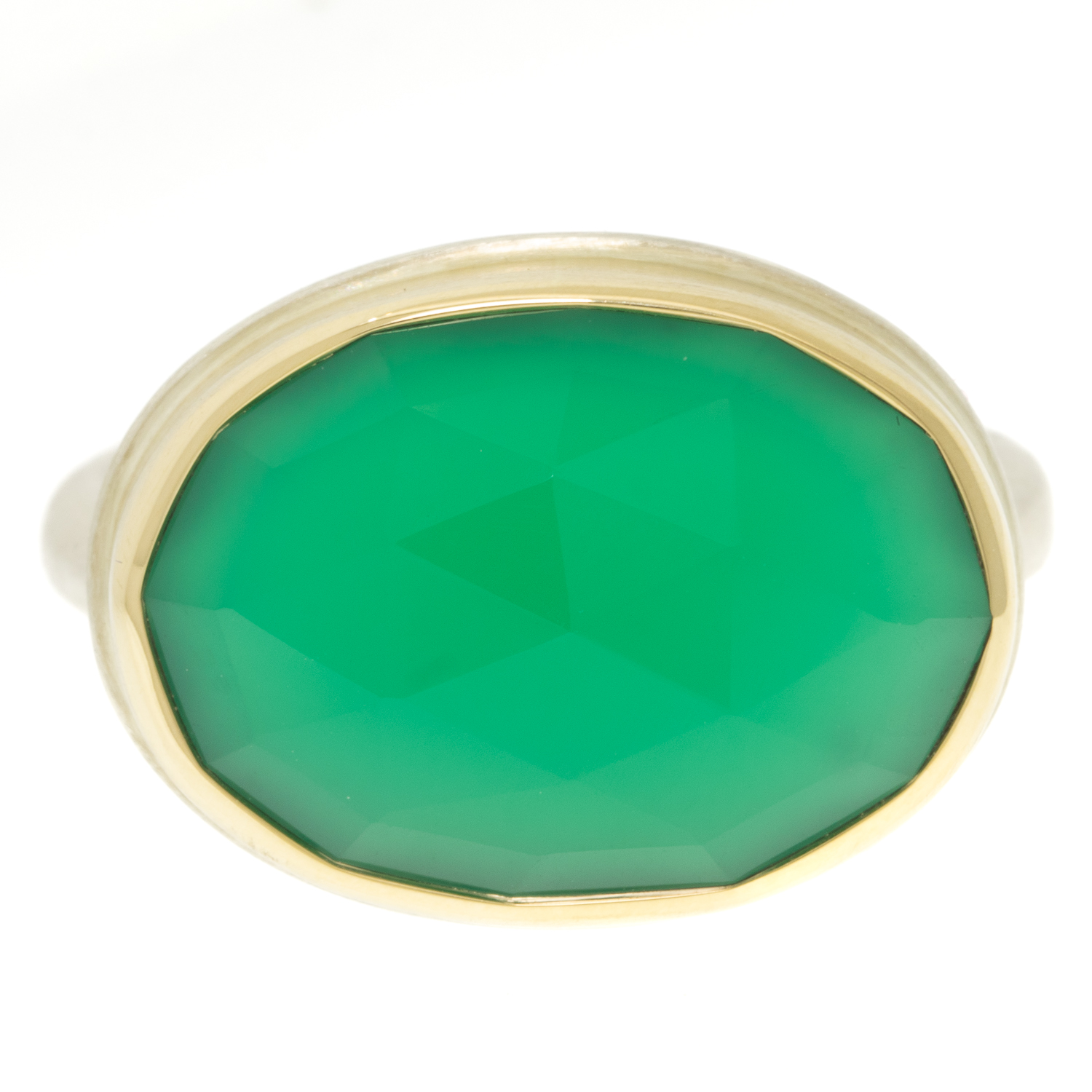 Jamie Joseph: GREEN ONYX Sterling & 14K Gold Ring w/ Small Oval Rose Cut on Egyptian Band 1/2" x 11/16" size 7 1/2