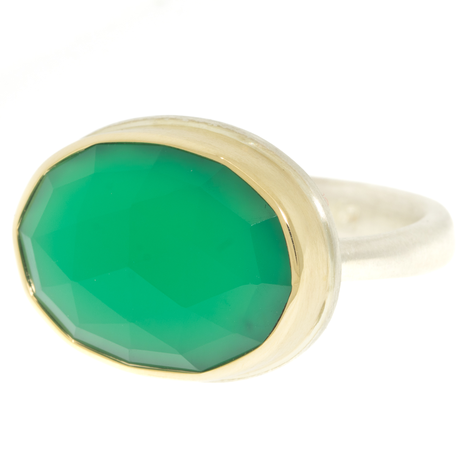 Jamie Joseph: GREEN ONYX Sterling & 14K Gold Ring w/ Small Oval Rose Cut on Egyptian Band 1/2" x 11/16" size 7 1/2
