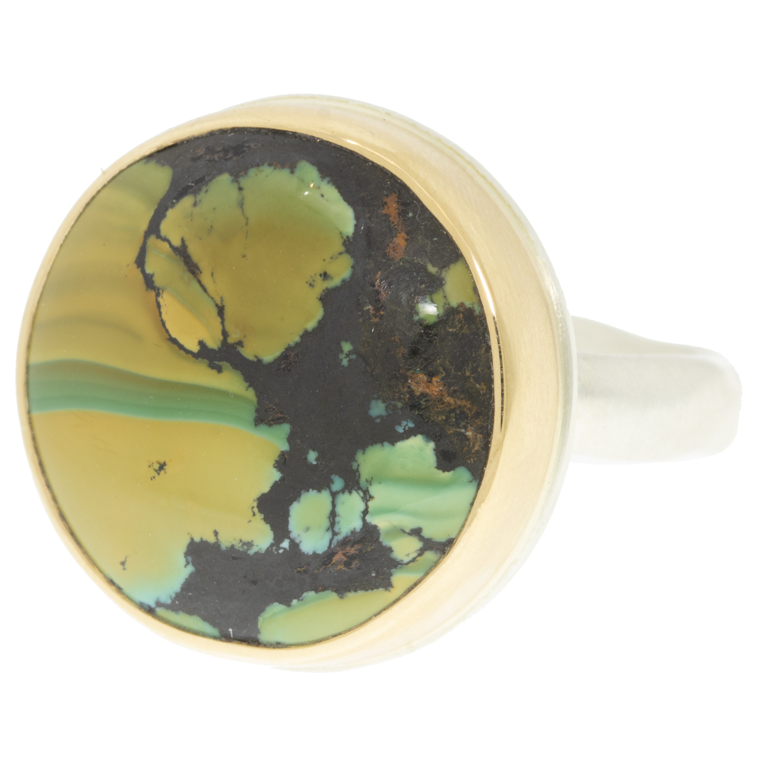 Jamie Joseph: HUBEI TURQUOISE SS & 14k gold ring with small round on Middle Groovy Band, sz 7 1/2, 11/16" in diameter