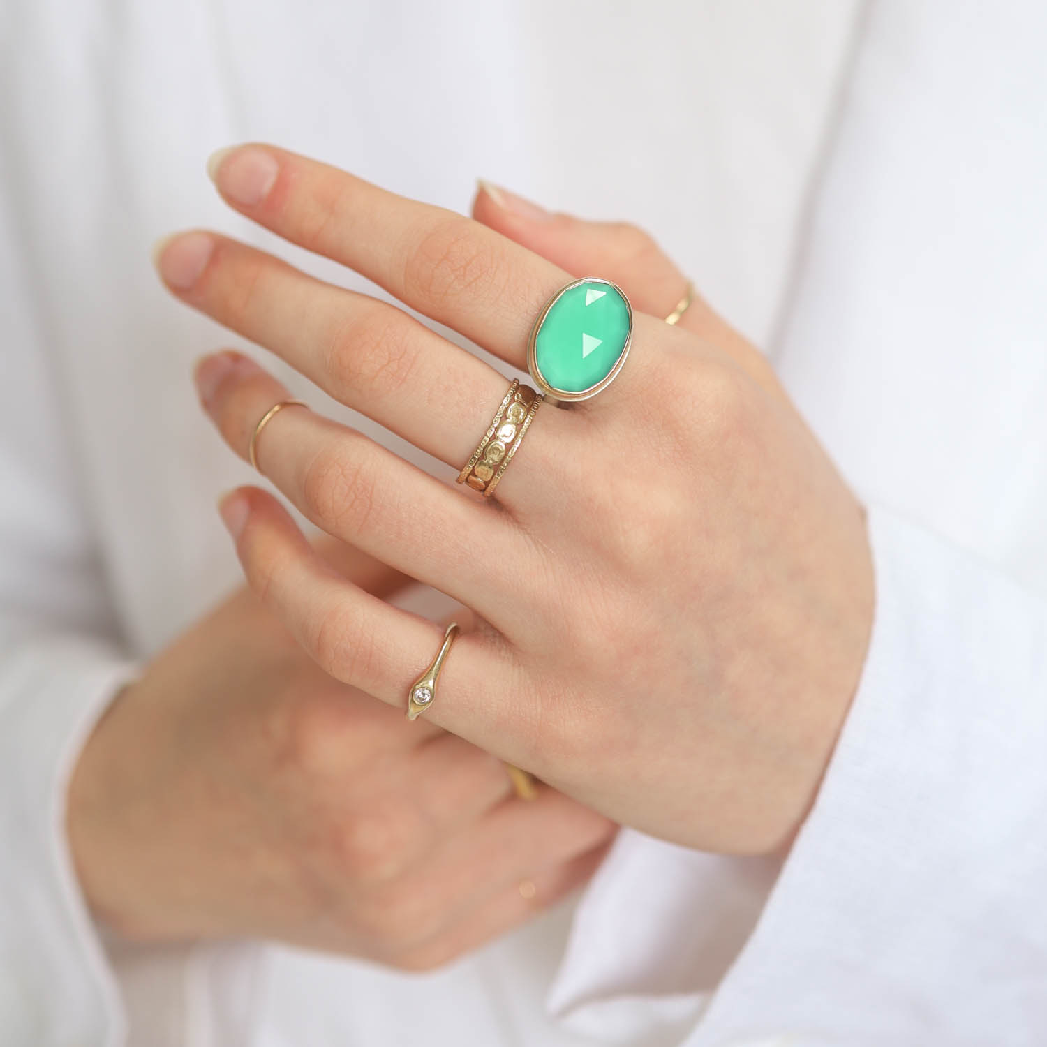 Jamie Joseph: GREEN ONYX Sterling & 14K Gold Ring w/ Small Oval Rose Cut on Egyptian Band 1/2" x 11/16" size 7 1/2